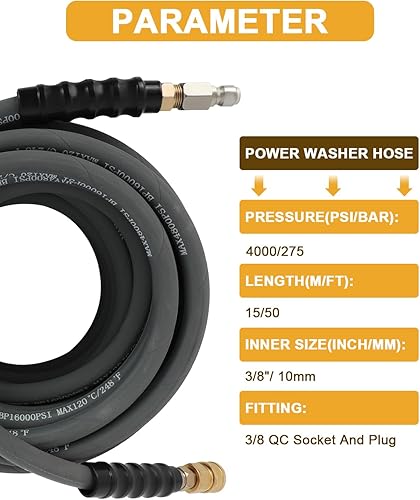 Vista 34 de OCPTY Manguera de lavado a presión de agua caliente 3/8" x 50ft 6000psi 2-Braid R2 Negro
