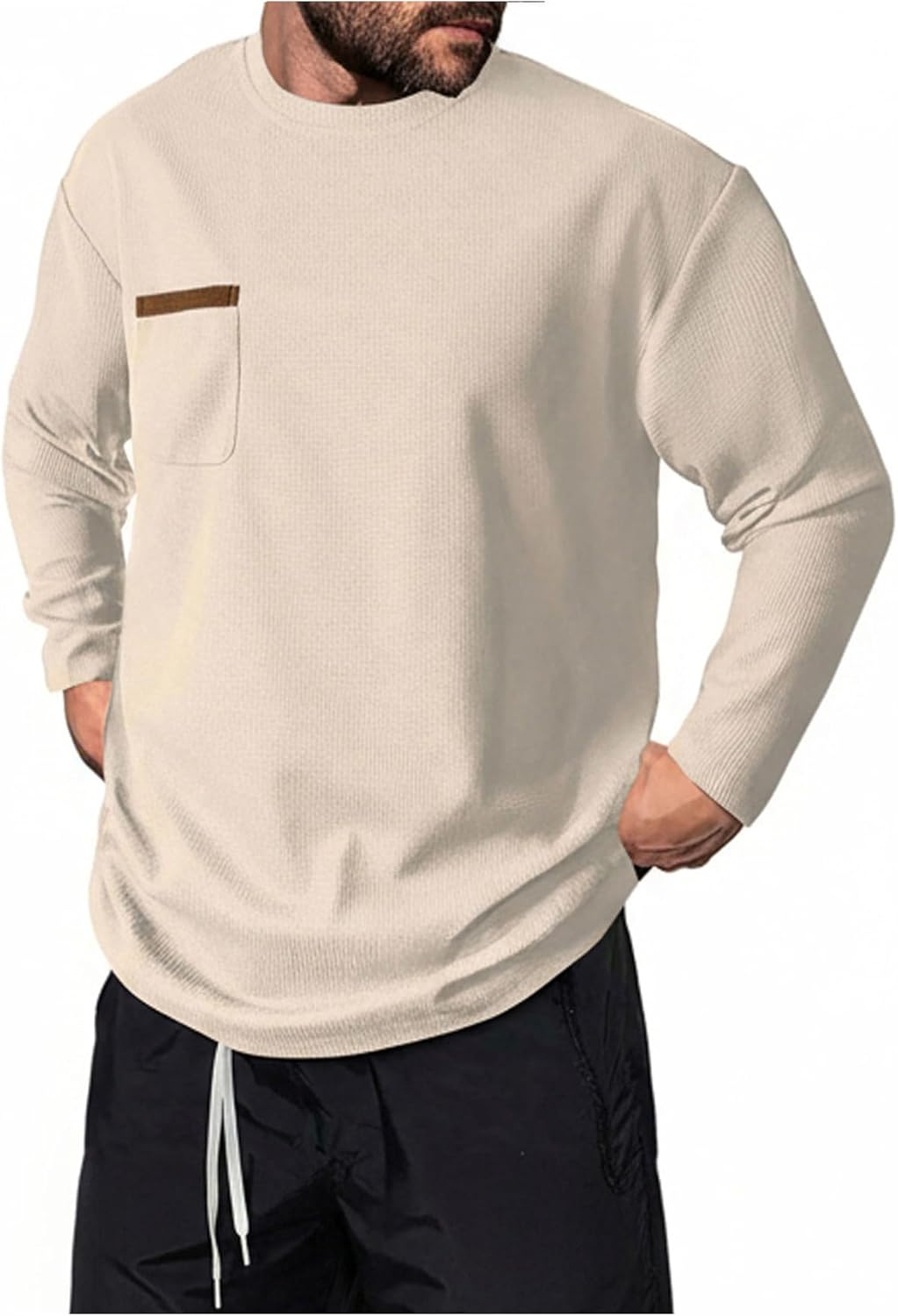 SOLY HUX Men's Long Sleeve T Shirt Crew Neck Pocket Front Waffle Knit Tee Casual Fall Tops