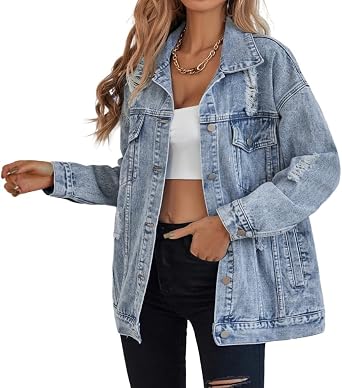 CYLADY Oversize Denim Jacket for Women Ripped Jean Jacket Boyfriend Long Sleeve Trucker Coat