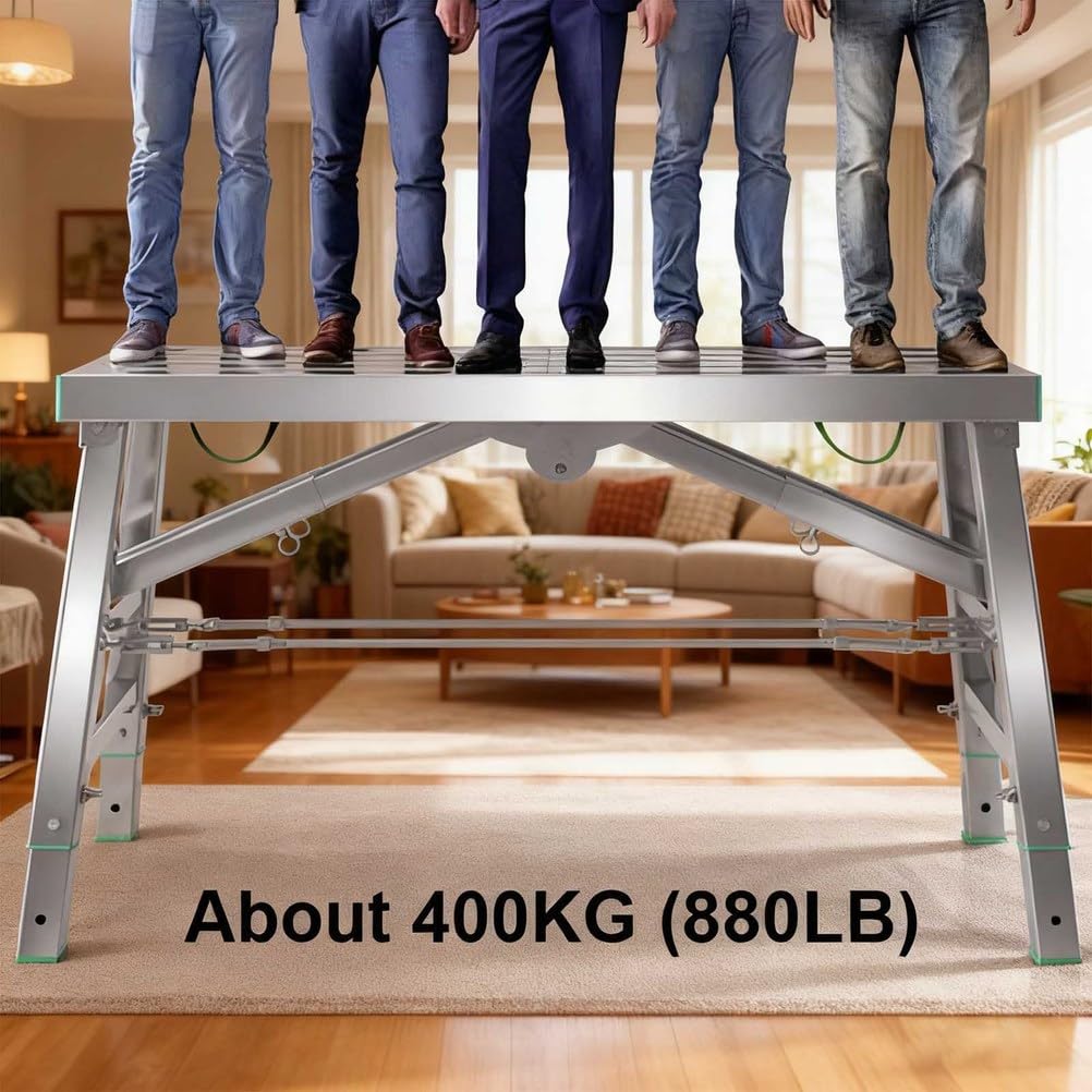 Plataforma Plegable portátil con trampilla, andamio Ajustable, Plataforma de Trabajo Ajustable, Estructura de Acero al Carbono con Capacidad de Carga de 400 kg, Escalera y Plataforma multius