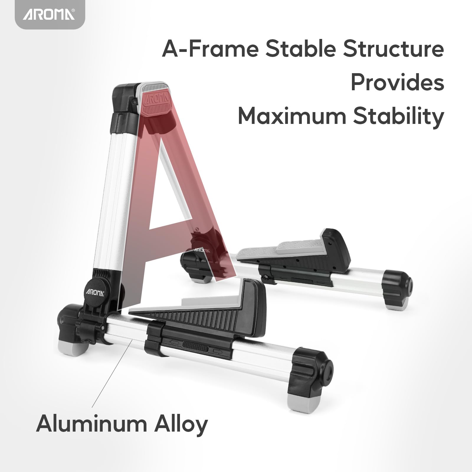 AROMA Guitar Stand Floor Foldable Adjustable and Portable for Acoustic Classical Electric Guitars, Silver - Image 4