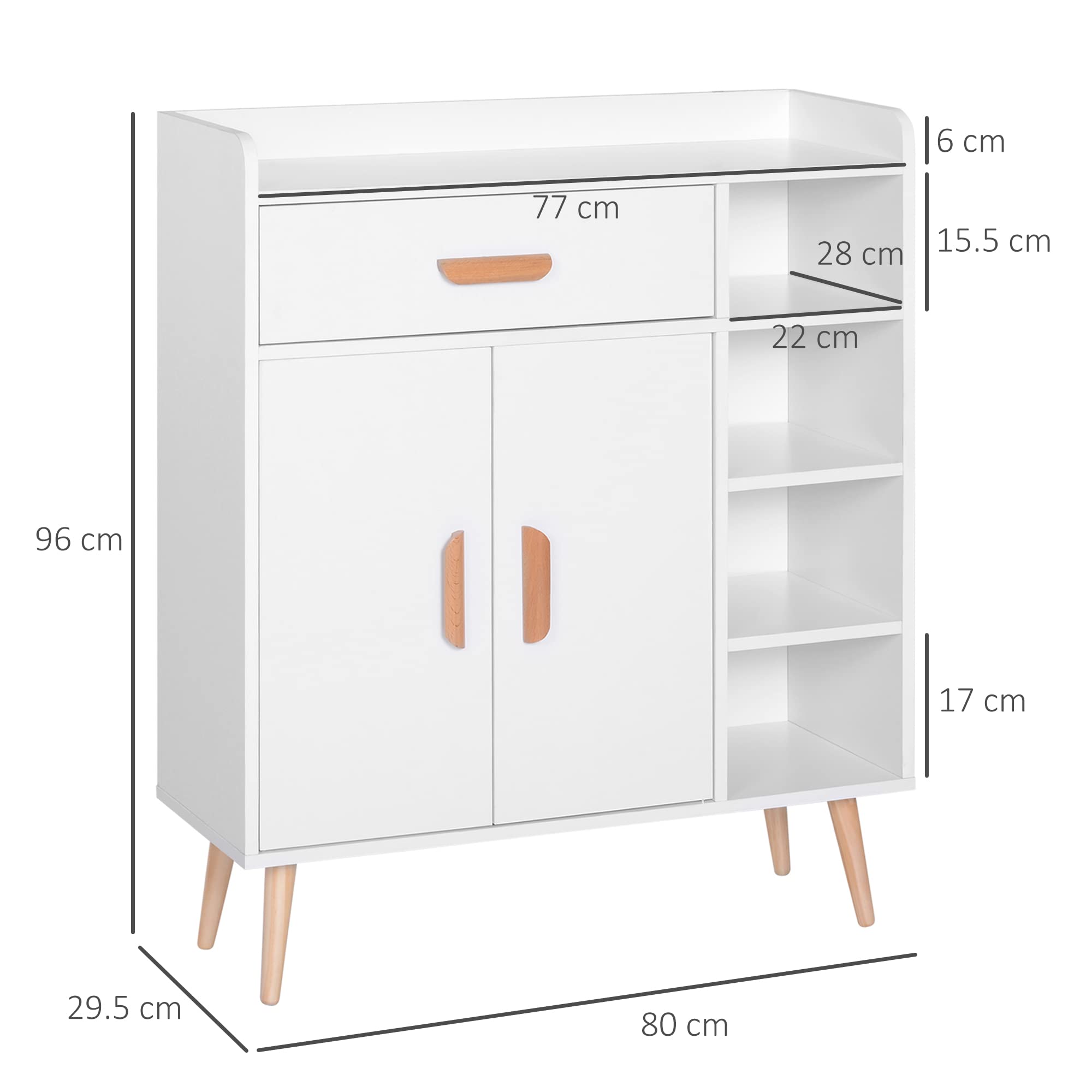 HOMCOM Credenza Moderna con Armadietto e Cassetto, Mobile Multiuso in Legno per Cucina e Salotto, 80 x 29.5 x 96cm Bianco