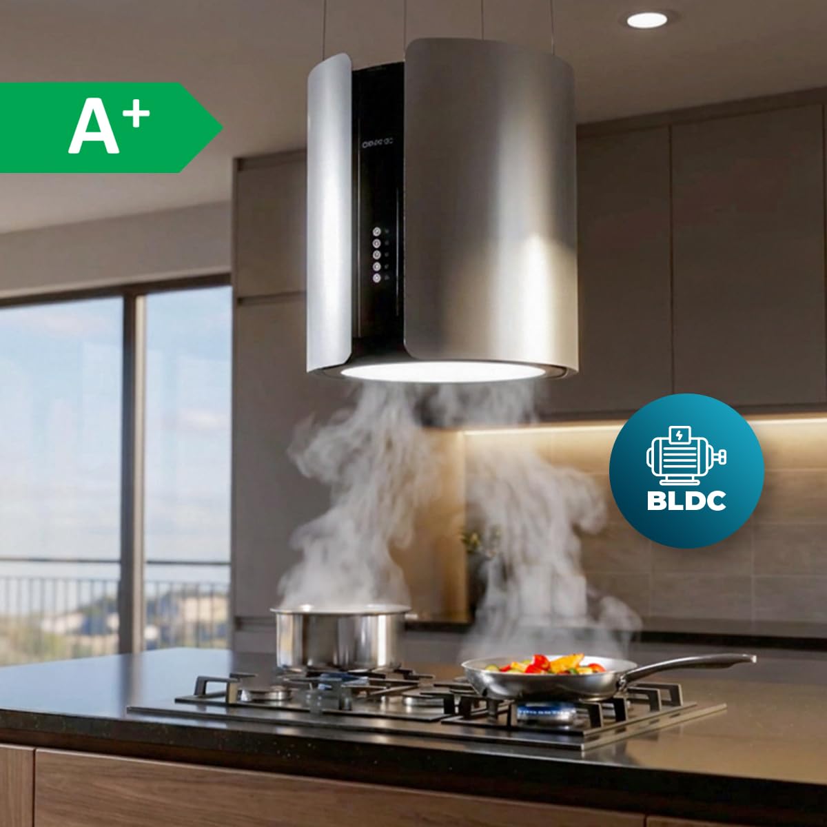 Cecotec Okap okrągły 38 cm Bolero Flux CRE 385500 Inox A+. Ssanie 591,2 m³/h, sterowanie przyciskami elektronicznymi, filtr węglowy, klasa A+, silnik prądu stałego