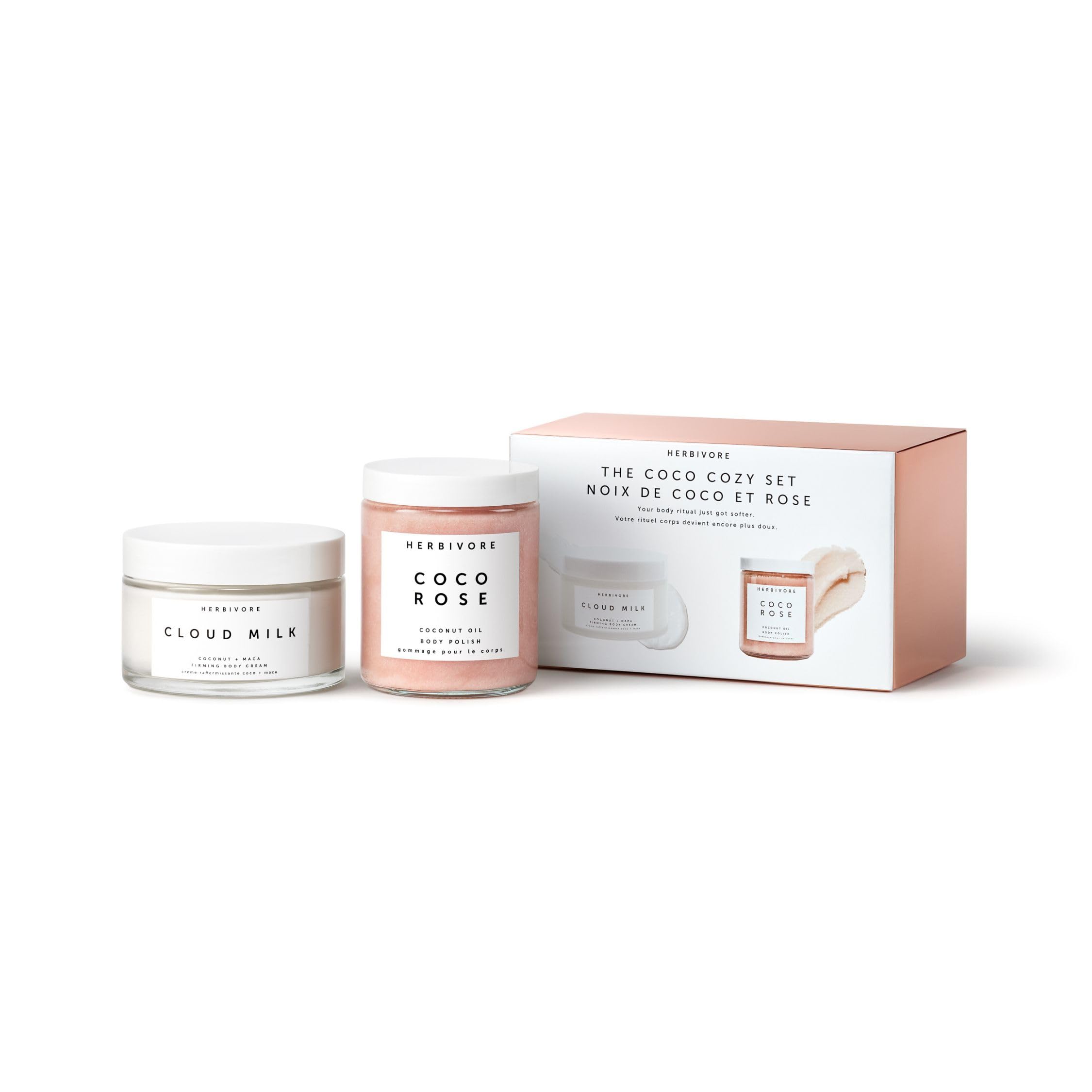 HERBIVORE The Coco Cozy Set | Coco Rose Coconut Oil Body Polish & Cloud Milk Coconut + Maca Firming Body Cream, Plant Based, Vegan