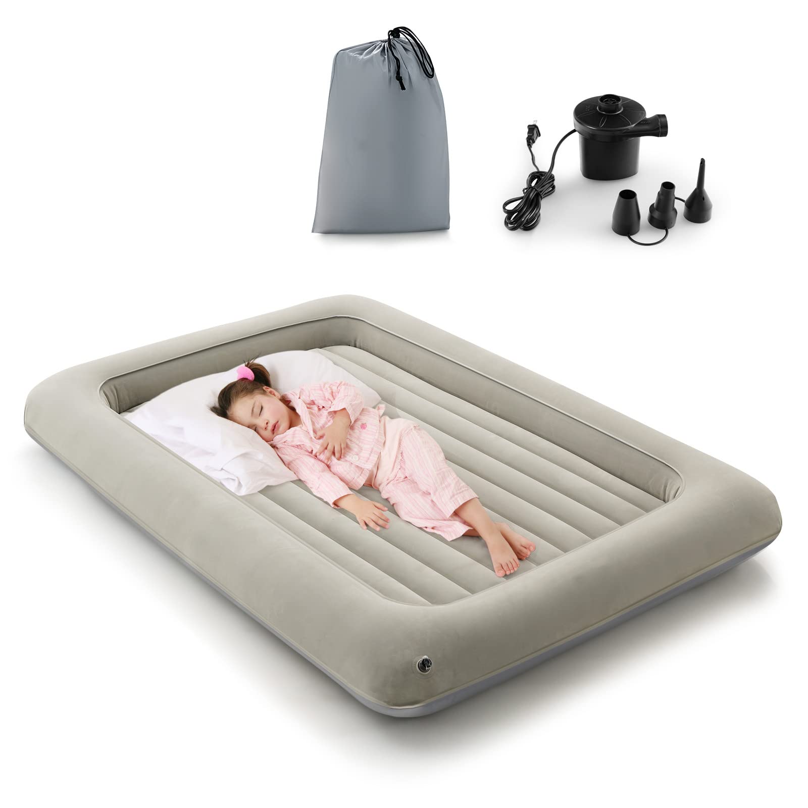 LIFEZEAL Colchón Hinchable Infantil con Bomba Eléctrica, Cama con colchón extraíble, 165 x 118 x 20cm, Cama de Viaje portátil para niños de hinchado rápido en 30 Segundos (Gris)