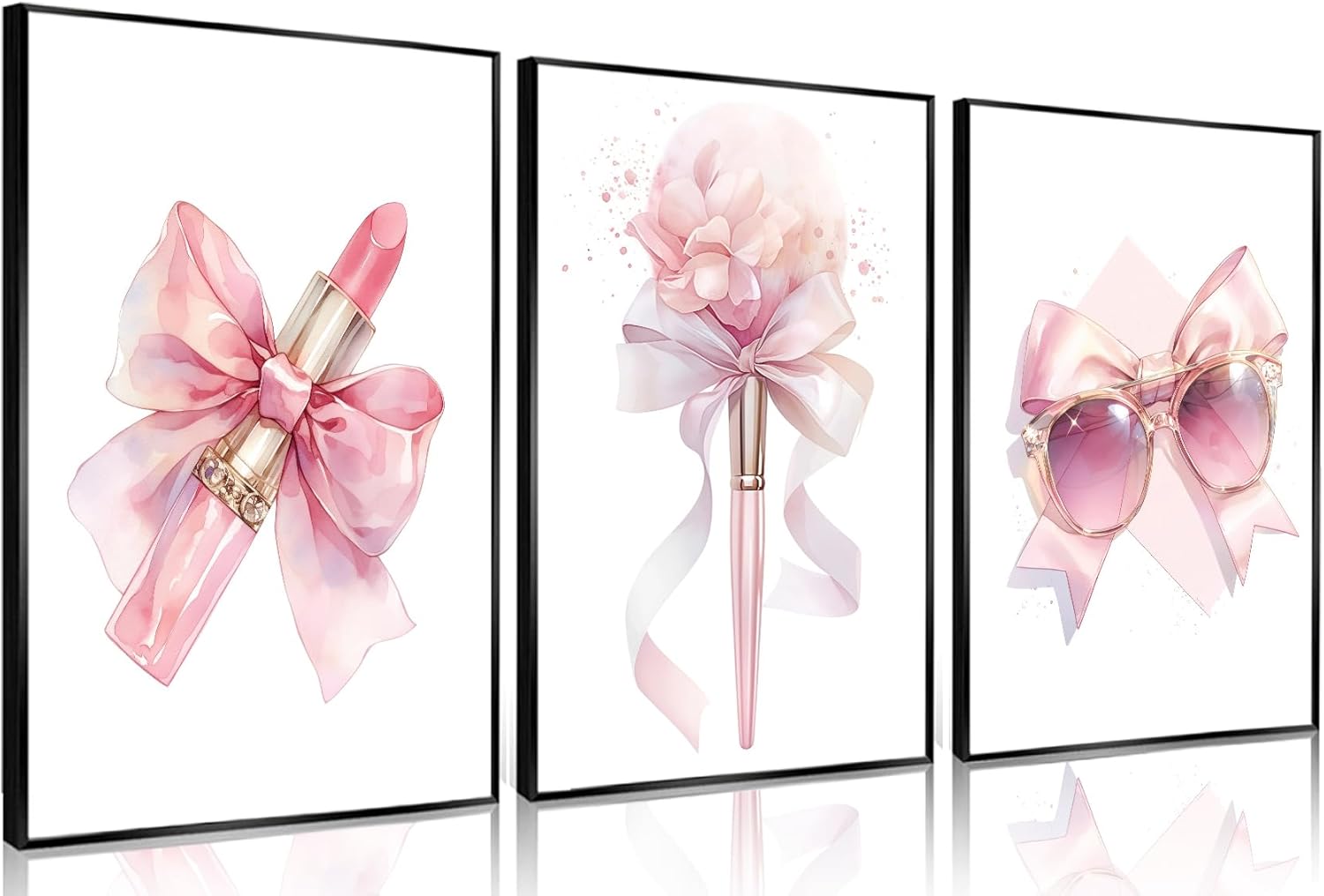 3Pcs Pink Makeup Wall Art Fashion Women Luxury Bow Wall Decor Pictures Preppy Coquette Lipstick Makeup Brush Aesthetic Posters Prints for Girls Bedroom Beauty Room Decoration Unframed 16x24in