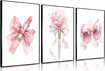 3Pcs Pink Makeup Wall Art Fashion Women Luxury Bow Wall Decor Pictures Preppy Coquette Lipstick Makeup Brush Aesthetic Posters Prints for Girls Bedroom Beauty Room Decoration Unframed 12x16in