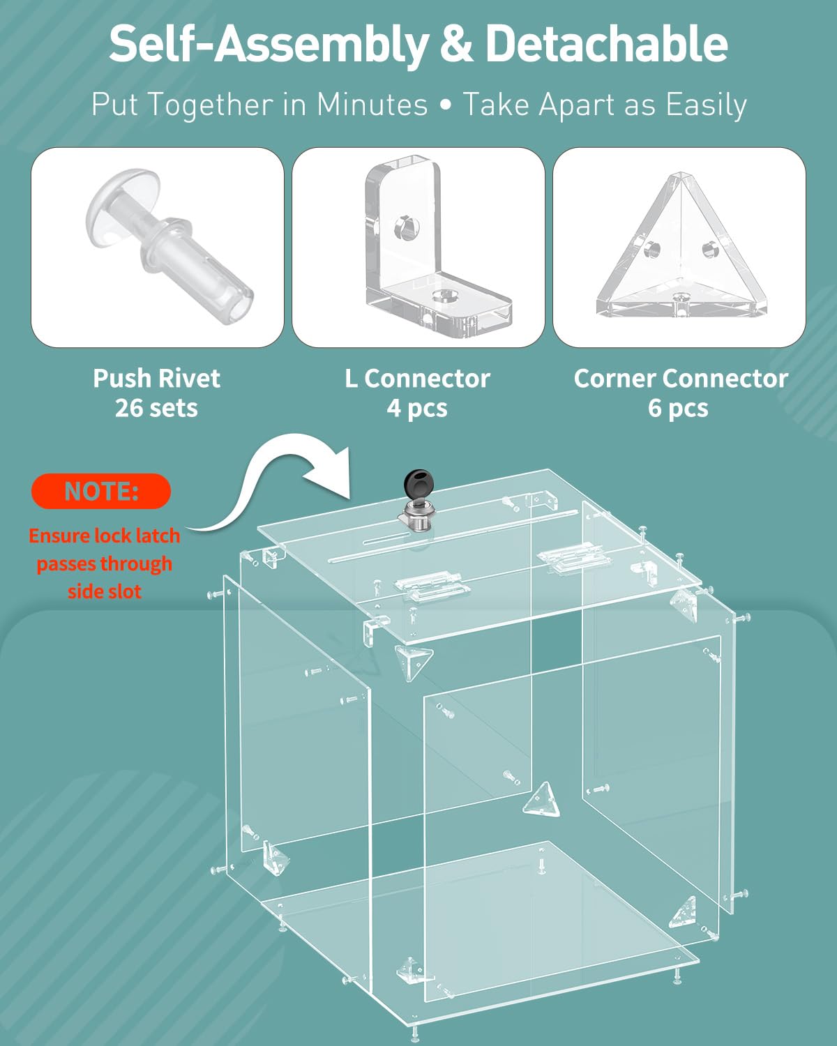 Uniclife Caja de donativos acrílico transparente con cerradura 25x25x25 cm cuadrada ranura