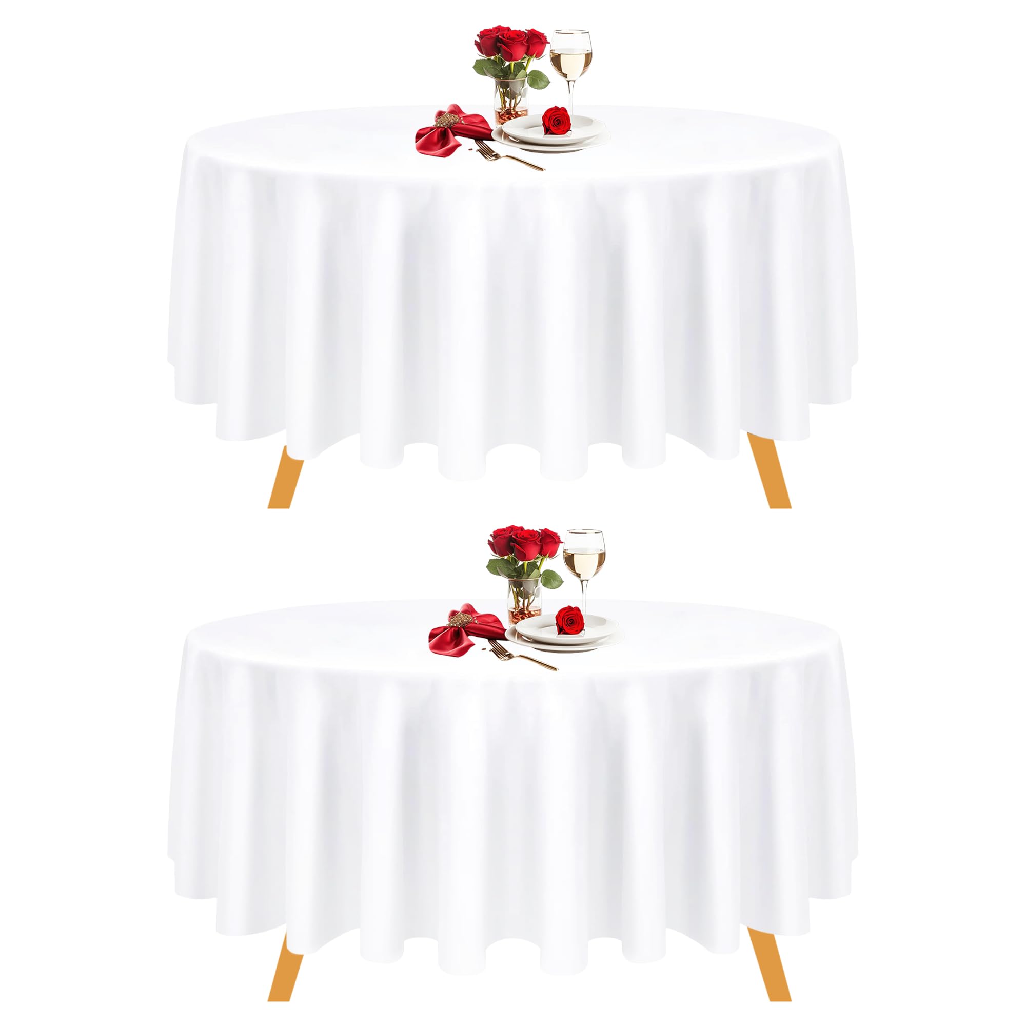 Trimming Shop White Round Polyester Tablecloth, 90 inch Premium Circular Linen Table Cover, Washable Fabric Table Cloth for Dining, Banquet, Wedding, Christmas, Birthday, Parties, 2pcs