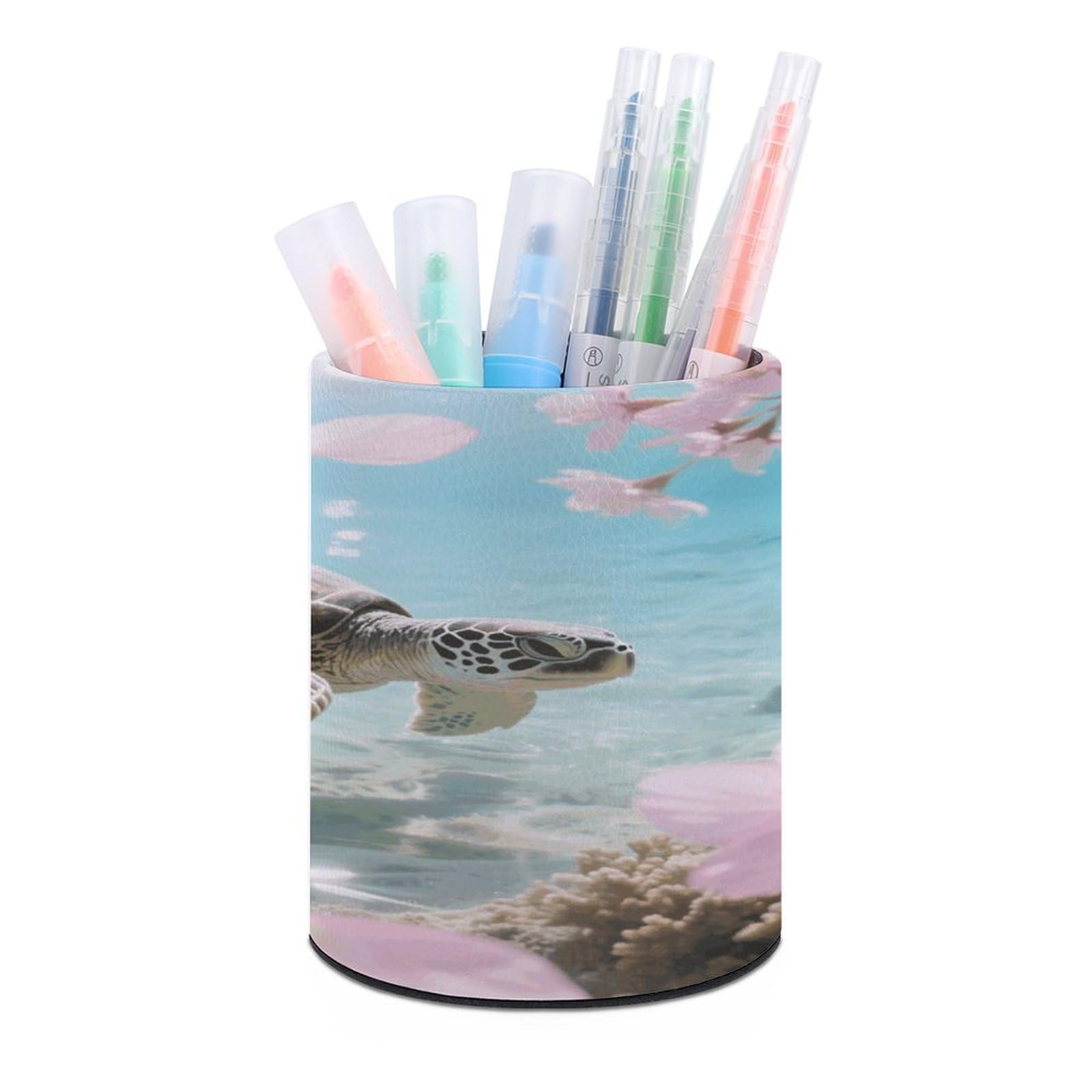 VstaDank Sea Turtle Cherry Blossom Pen Holder Round Pencil Holder Cup Pen Container PU Leather Desk Organizer Stand Decorative Brush Scissor Holder Decoration Office Desk Home (3.1 x 3.9 inch)