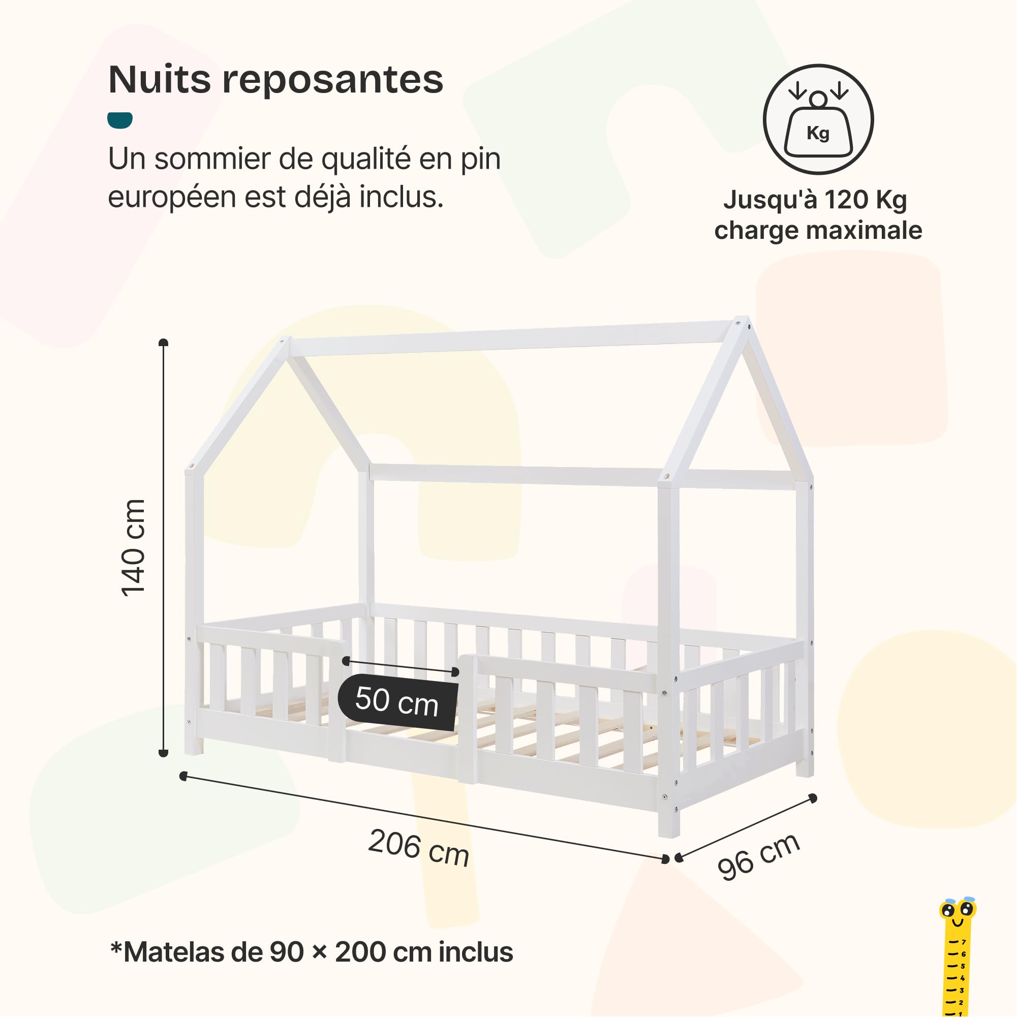 [en.casa] Lit Cabane avec Matelas à Mousse Froide Anti-Allergique Lit Enfant en Forme de Maison avec Sommier à Lattes Barrière de Sécurité Bois de Pin Contreplaqué 90 x 200 cm Blanc