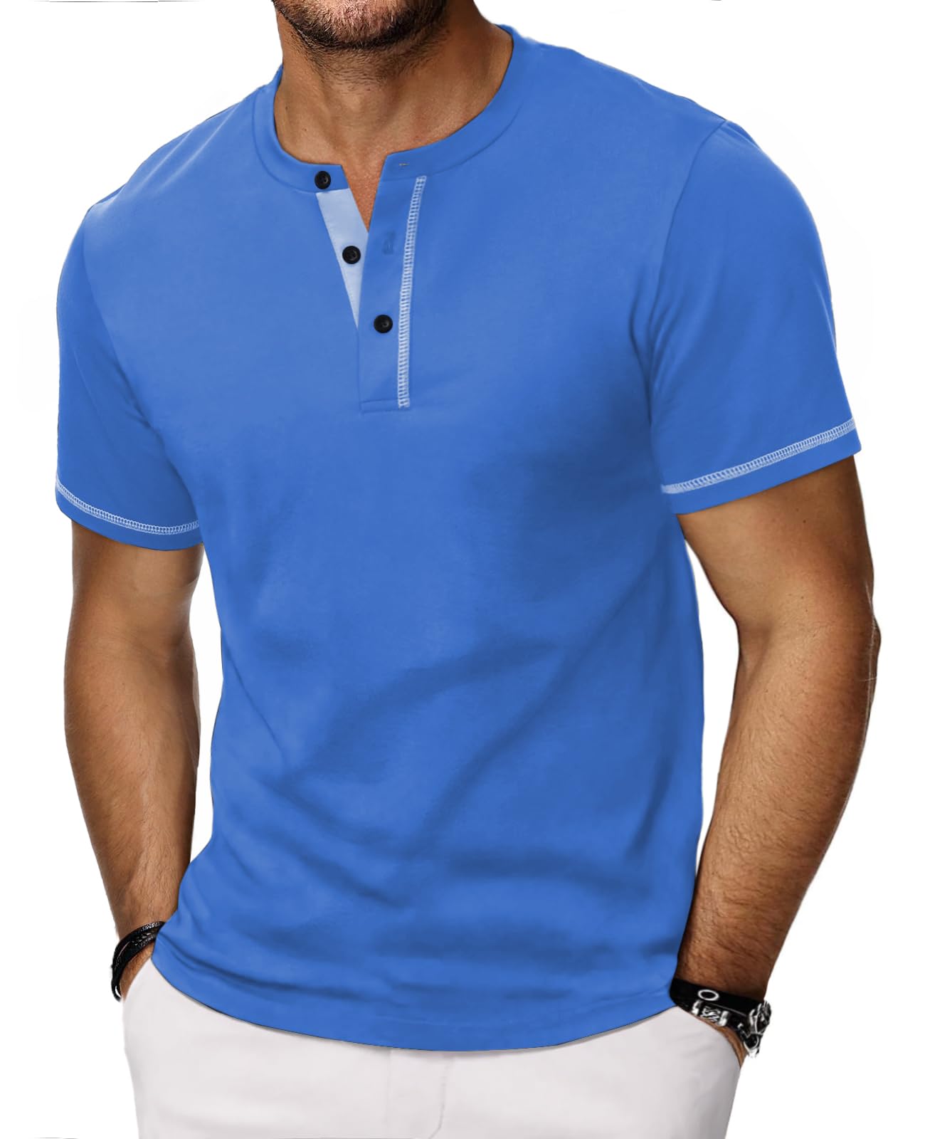 HMIYA Henley Kurzarm T-Shirts für Herren Sommerhemd Baumwolle Knopf Color-Blocking-Ärmeln T-Shirt für Männer
