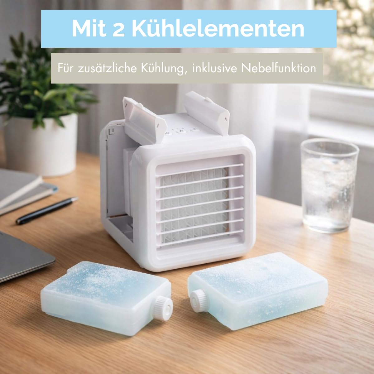 Mini Air Cooler - Mobile Klimaanlage ohne Abluftschlauch Ventilator mit Wasserkühlung - Luftbefeuchter Lüfter 3 Stufen mit 2 Kühlelementen - 16 x 16 x 16,5 cm