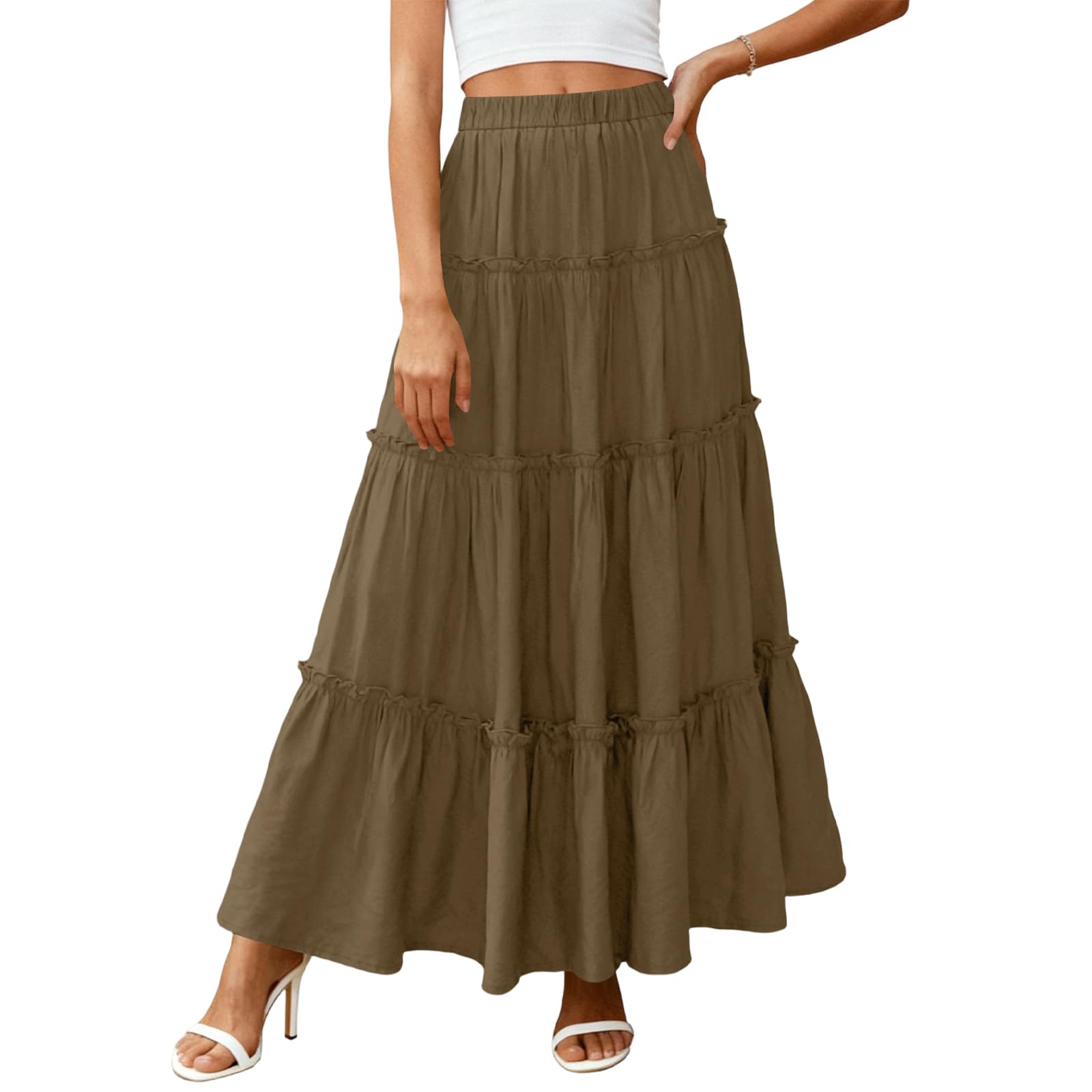 hamovessi Linen Skirts for Women Trendy High Waisted Tiered A Line Long Skirt Summer Boho Flowy Casual Vacation