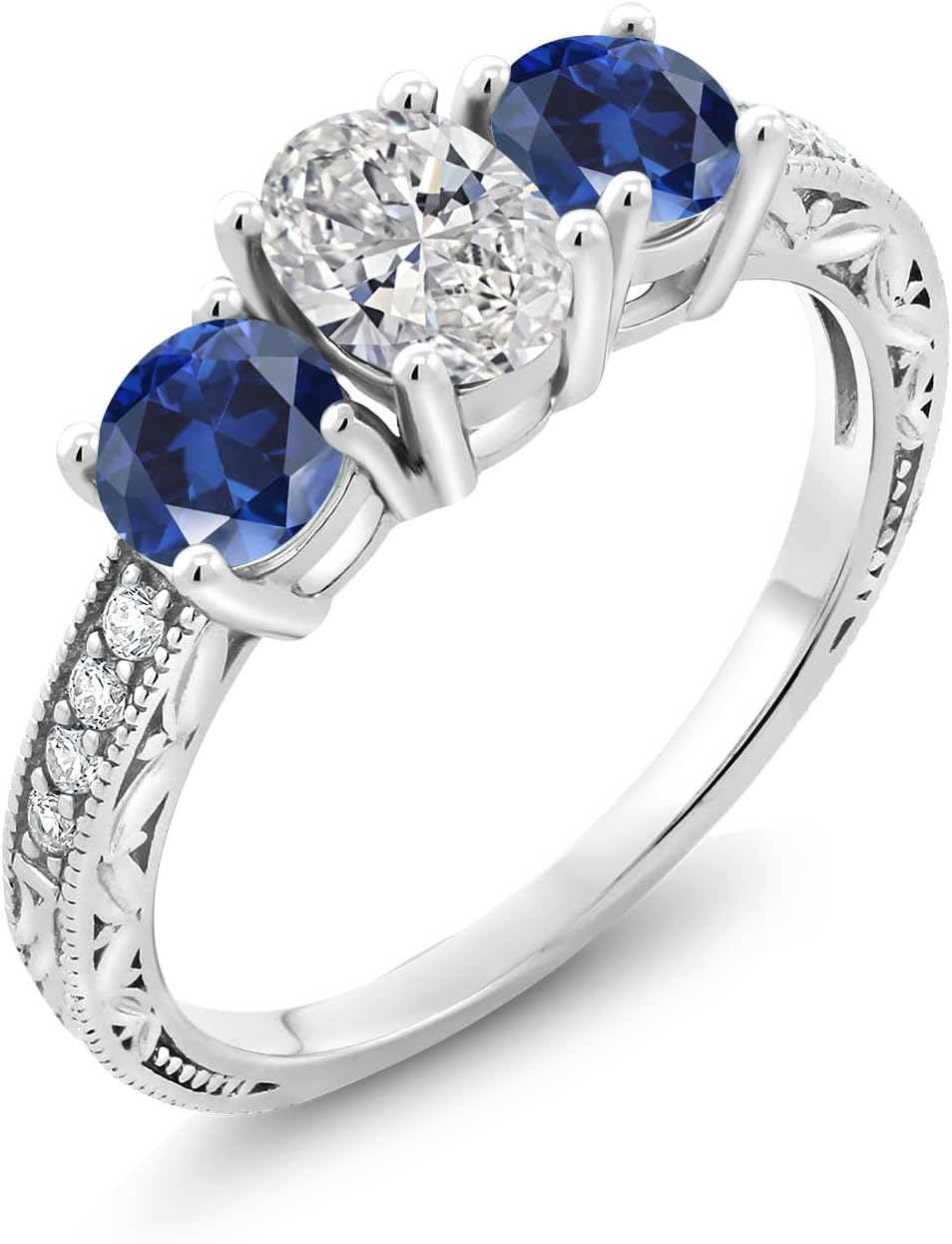 Gem Stone King 10K White Gold Lab Grown Diamond and Blue Created Sapphire 3 Stone Engagement Ring For Women | 1.98 Cttw | Center Diamond Oval 1 Ct | DEF Color | VVS-VS Clarity