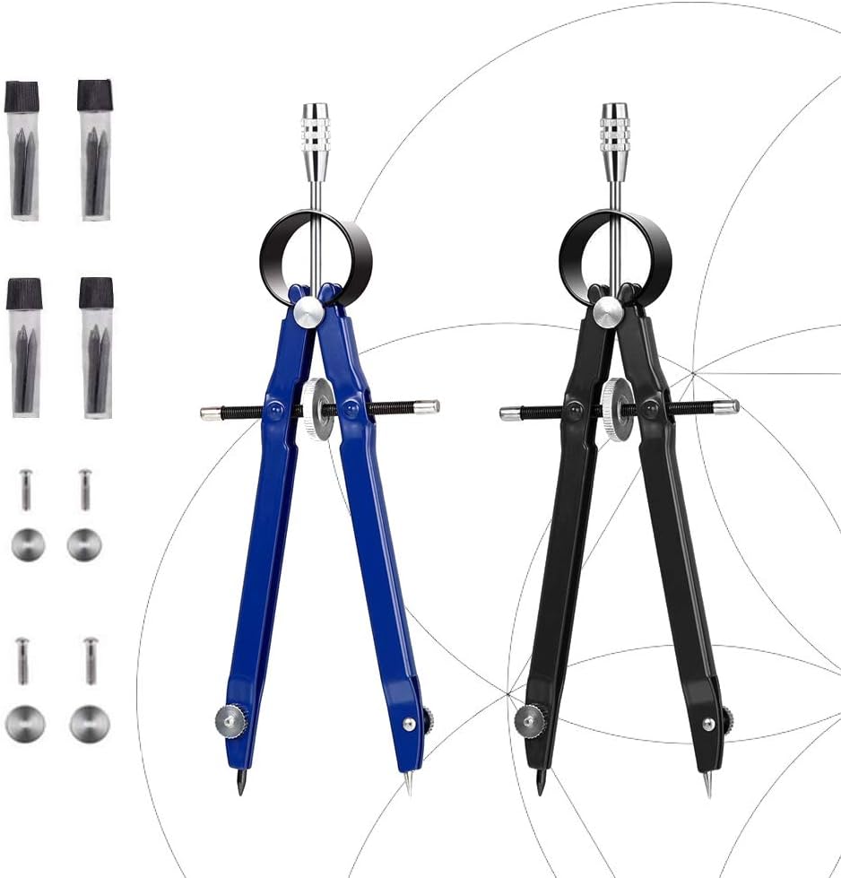 EVNEED 2 Pack Professional Metal Compass with Lock, 10 Inches in Diameter,Geometry Compass with Wheel for Math, Drawing, Drafting Includes Extra Lead Refills