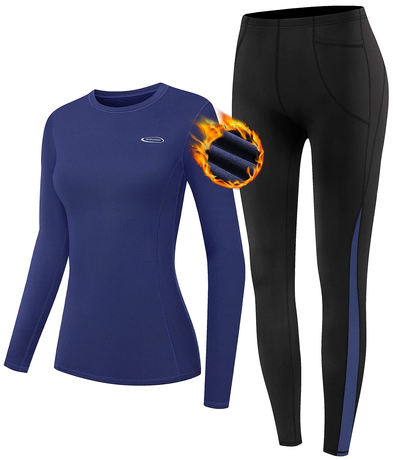 sous-Vêtement Thermique Femme, Ensemble de sous-vêtements Thermiques Femme Léger et Chaud Quick Dry Sou Vetement Manches Longues pour Hiver Sport L'entraînement Ski Running Montagne Bleu XXL