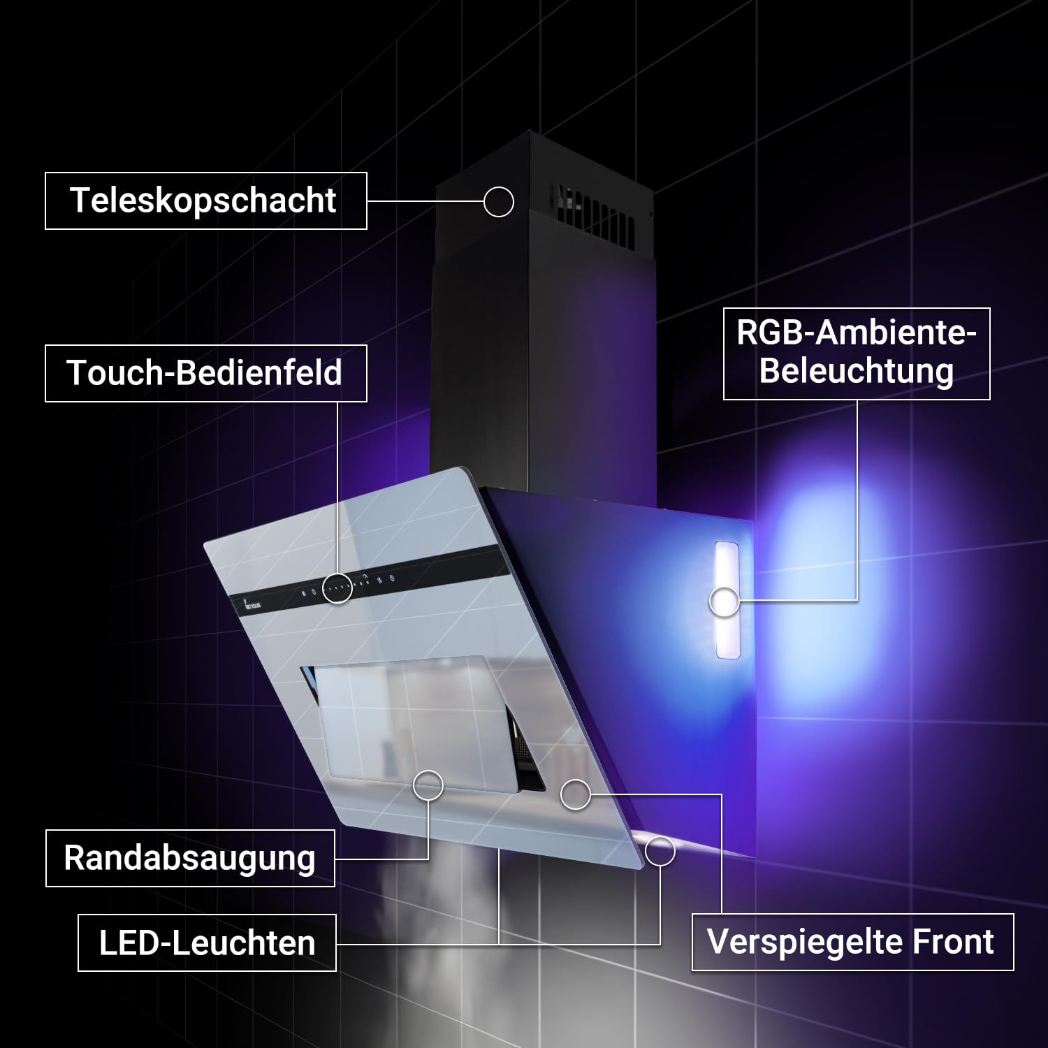 KKT KOLBE Campana extractora A+++ 90 cm | 782 m3/h recirculación o salida | inclinada frontal libre | cristal negro espejo | posventilación | WiFi App | SensorTouch | LED RGBW | PLOOM9005M