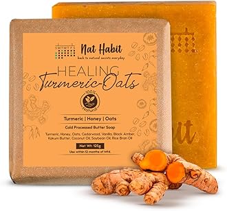 Nat Habit Handmade Healing Turmeric-Oats Butter Bath Soap With Cold Processed For Natural Exfoliation, Acne, Brightening, Skin Health & Tan Removal (125gm)