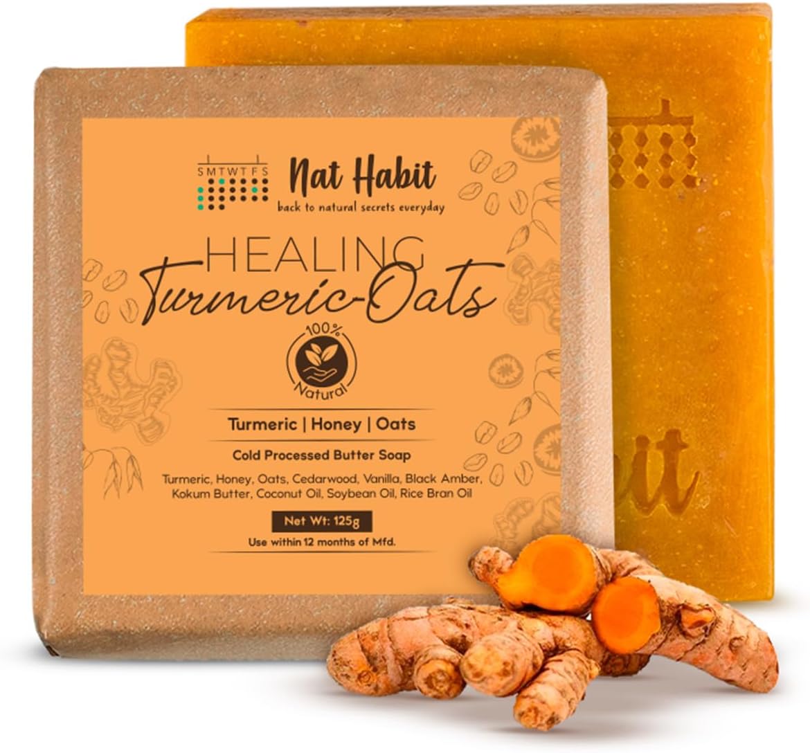Nat Habit Turmeric Oats Bath Butter Soap | Ayurvedic Body Tan Removal for Women & Men | De-Tan, Anti Tan & Antibacterial Bar| Scar Reduction & Deep Cleansing | Handmade Haldi Soap | 125g