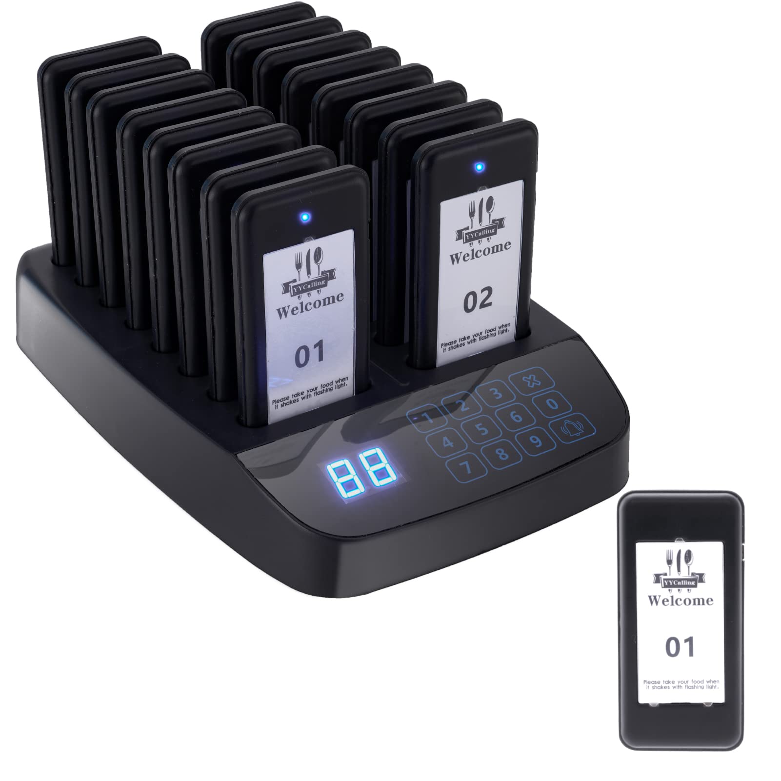 Sistema di cercapersone per ristorante, sistema di chiamata wireless con 16 cercapersone per gli ospiti, cicalini distanziamento sociale, 98 canali con vibrazione, lampeggiante e cicalino