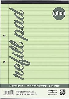 RHINO Stationery Green Paper A4 Refill Pad | 50 Leaf/100 Page | 8mm Ruled with Margin | Pack of 1 - Ideal A4 Writing Paper for Dyslexia & Other SEN