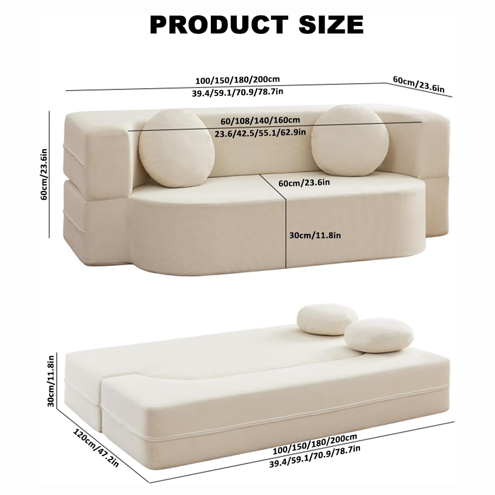 Kompressionssofa umbaubares Schlafsofa Zweisitzer Cord-Matratze ausklappbar Bequeme Lounge fürs Wohnzimmer funktionaler Memory-Schaum mit Armlehnen Couch für kleine Räume(100cm/39 in,Cream)