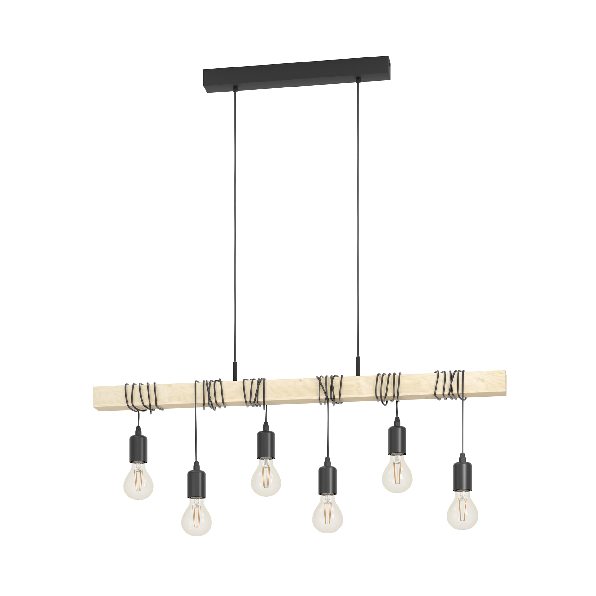 EGLO Pendellampe Townshend 6 flammige Vintage | Pendelleuchte im Industrial Design, Retro Hängelampe aus Stahl und Holz, Farbe: Schwarz, braun, Fassung: E27