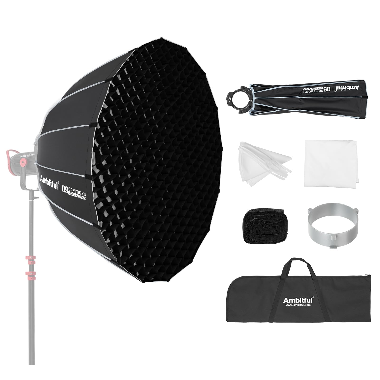 Ambitful Boîte à lumière parabolique à libération rapide de 60 cm/23,6 pouces, boîtier à grille alvéolaire hexadécagone avec monture Bowens, 2 diffuseurs et grille en nid d'abeille, sac de transport