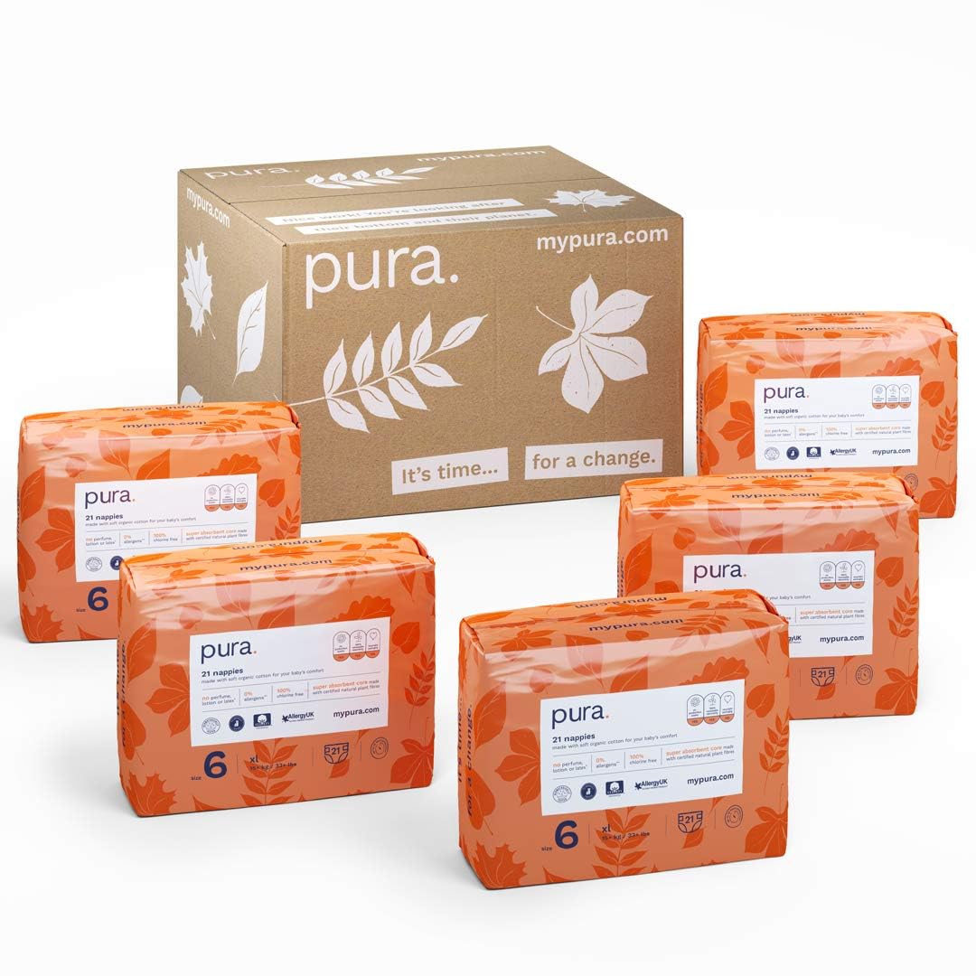 Pura Pannolini Ecologici, Taglia 6 (XL 15kg+), 105 Pannolini (5 Confezioni da 21), Scatola Mensile, Certificati EU Ecolabel, Cotone Biologico, Senza Profumo, Protezione Dalle Perdite per 12 Ore