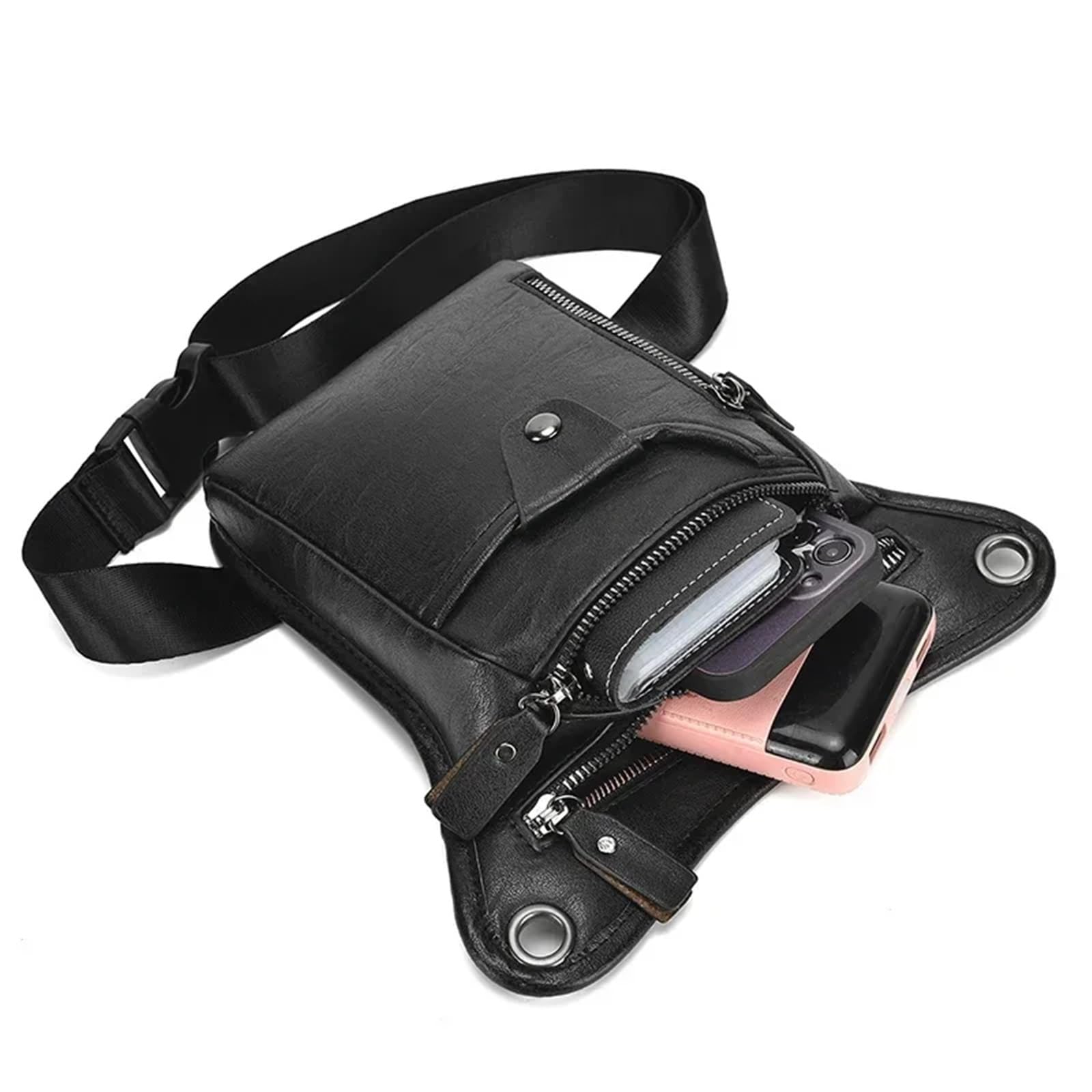 Bolsa Pierna Moto Riñonera de Piel sintética for Hombre, Estilo Bandolera con Pierna caída, for Motociclista, Cadera y Muslo(Black)