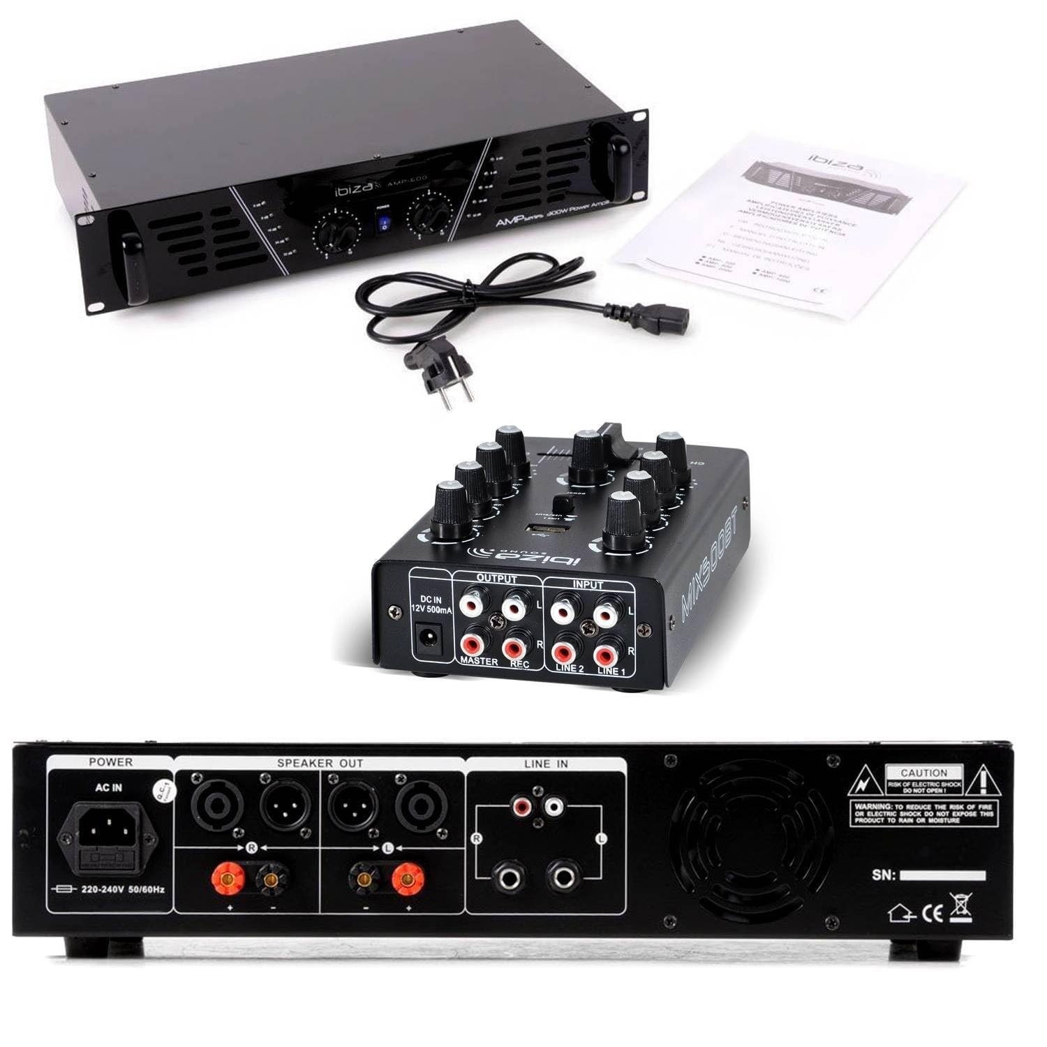 Pack Sono complet DJ-MIX500-BT ampli + enceintes 500W + Table de mixage USB Bluetooth Micro + Câbles