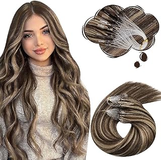 Moresoo Microbead Hair Extensions Human Hair Micro Loop Hair Extensions Dark Brown with Caramle Blonde Microring Hair Extensions 1g/s 50g/Pack #P4/27 18 Inch