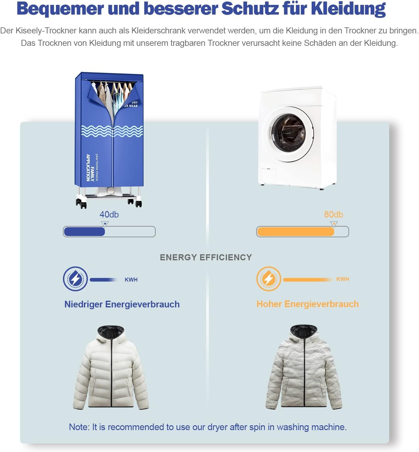 Kiseely Wäschetrockner, Tragbare Trockenmaschine mit Timer, 60inch Wäschetrockner mit großer Kapazität, elektrischer Trockner/Rack für Zuhause (Blau MI1)