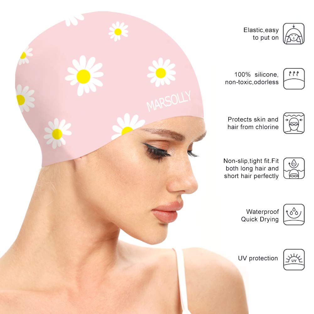 Gorro de natación de silicona para mujer, impermeable, de pelo largo, con estampado de flores, Rosado