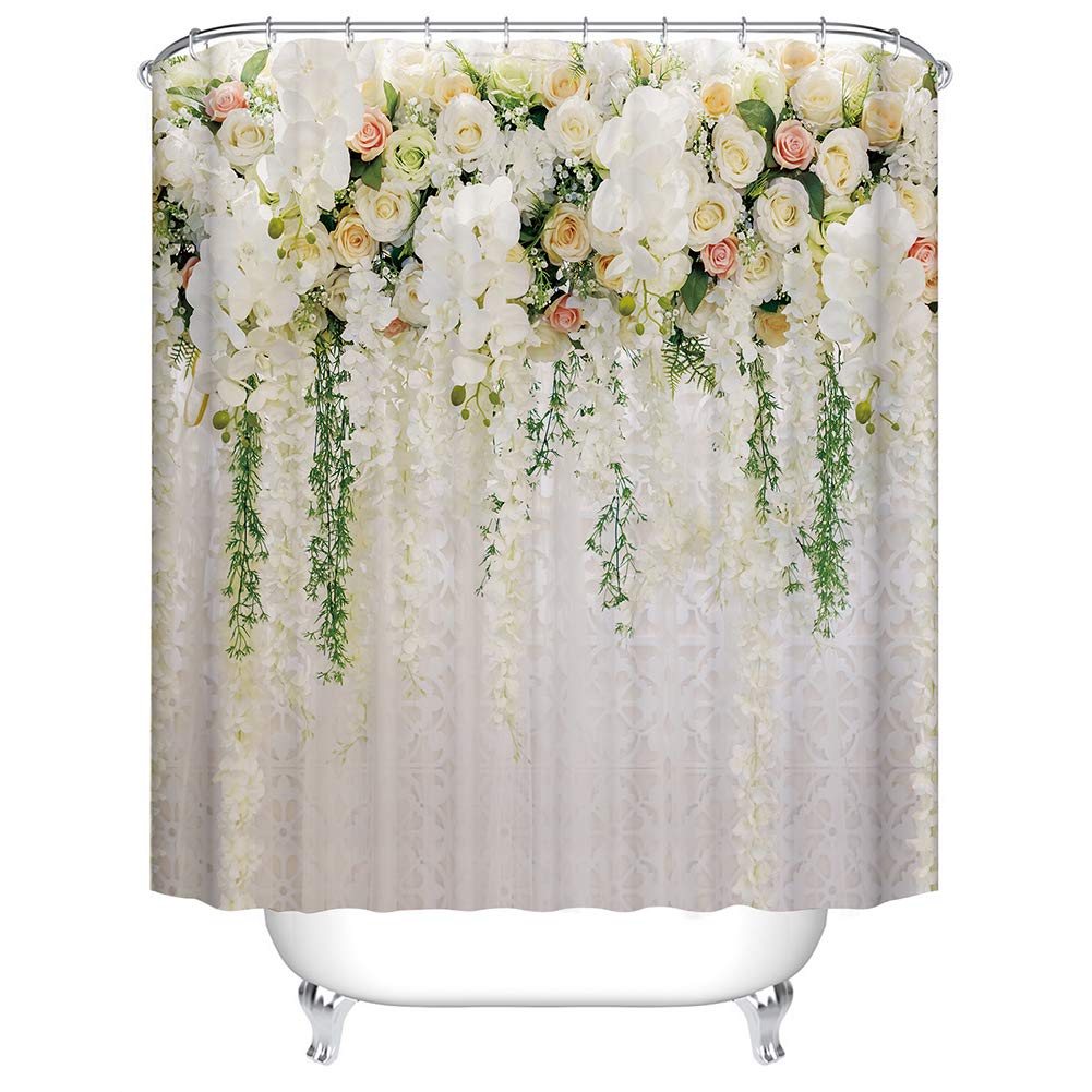 BOYOUTH White Wisteria and Roses Pattern Digital Print Shower Curtains for Bathroom Decor,Polyester Waterproof Fabric Bath Curtain with 12 Hooks,70x70 Inches,Multicolor