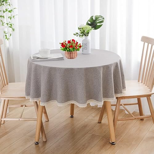 Miniatura 6 de Seyilei Mantel redondo de lino decorativo sólido de algodón para cocina, comedor, decoración de mesa del hogar (gris, redondo, 47 pulgadas)