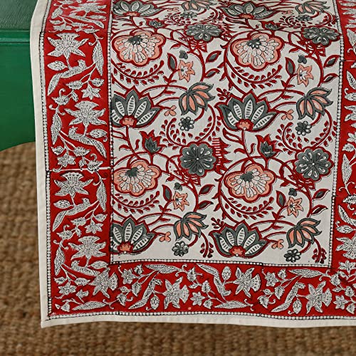 Image of Ravaiyaa - Attitude is Everything Hand Block Printed Cotton Table Runner | Floral Printed Table Runner for Home Decor, Kitchen | 60 x 16 Inch-(Grey Red Floral)