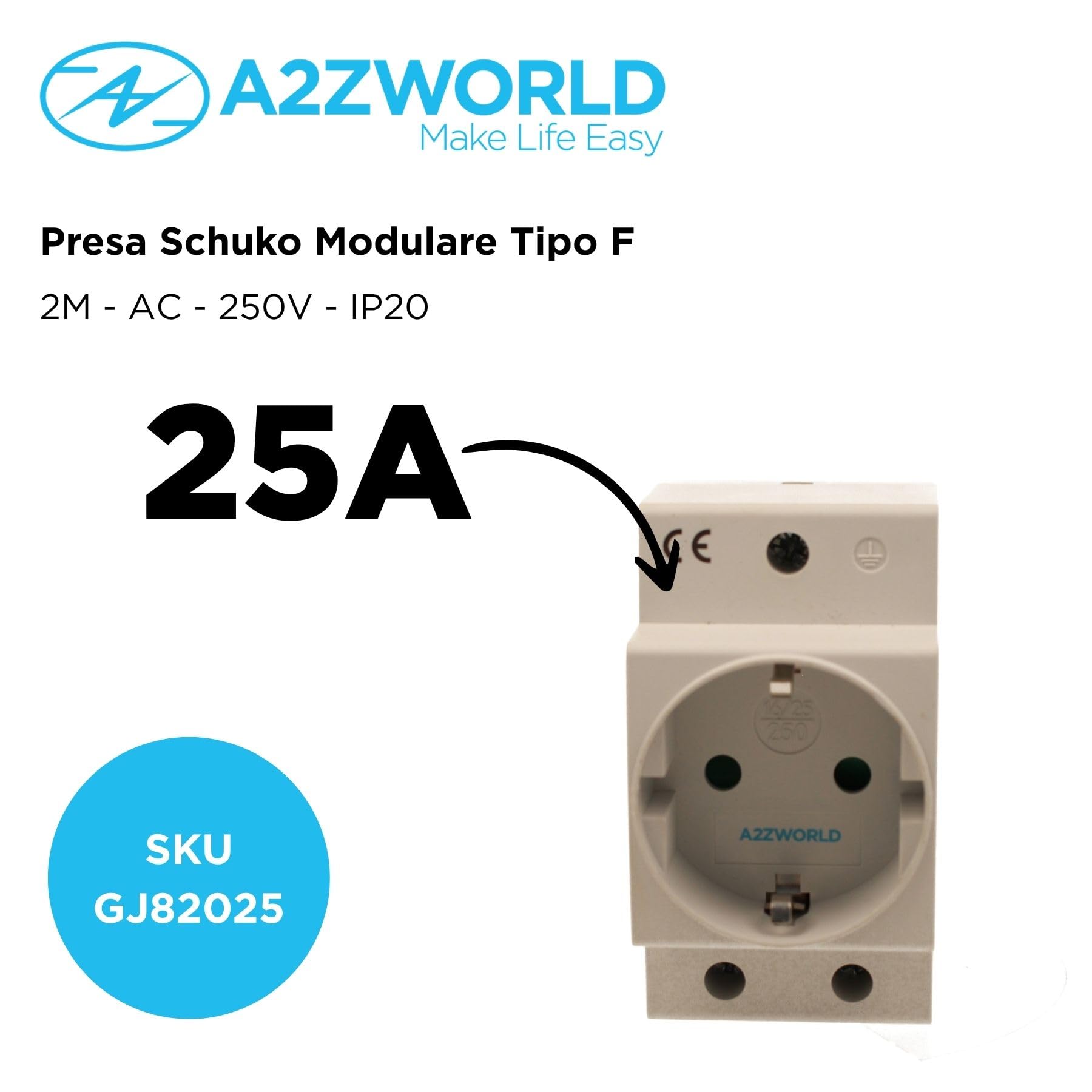 Presa Schuko Modulare 25A, Presa Da Guida DIN Per Quadro di Distribuzione, Occupa 2 Moduli DIN, AC 220V, IP20 IEC60884