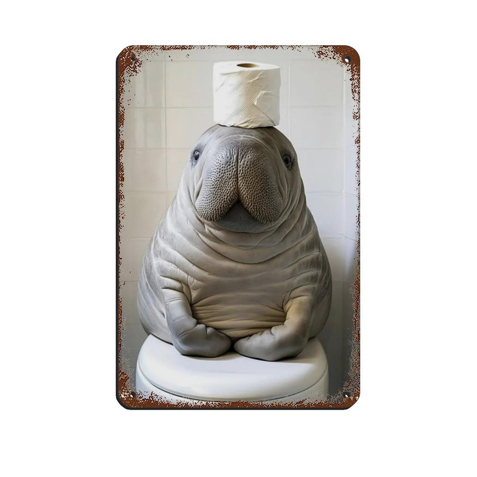 Manatee with A Toilet Paper Roll on Head Tin Sign Vintage Metal Pub Club Cafe Bar Home Wall Art Decoration Poster Retro 8x12inch(20x30cm)