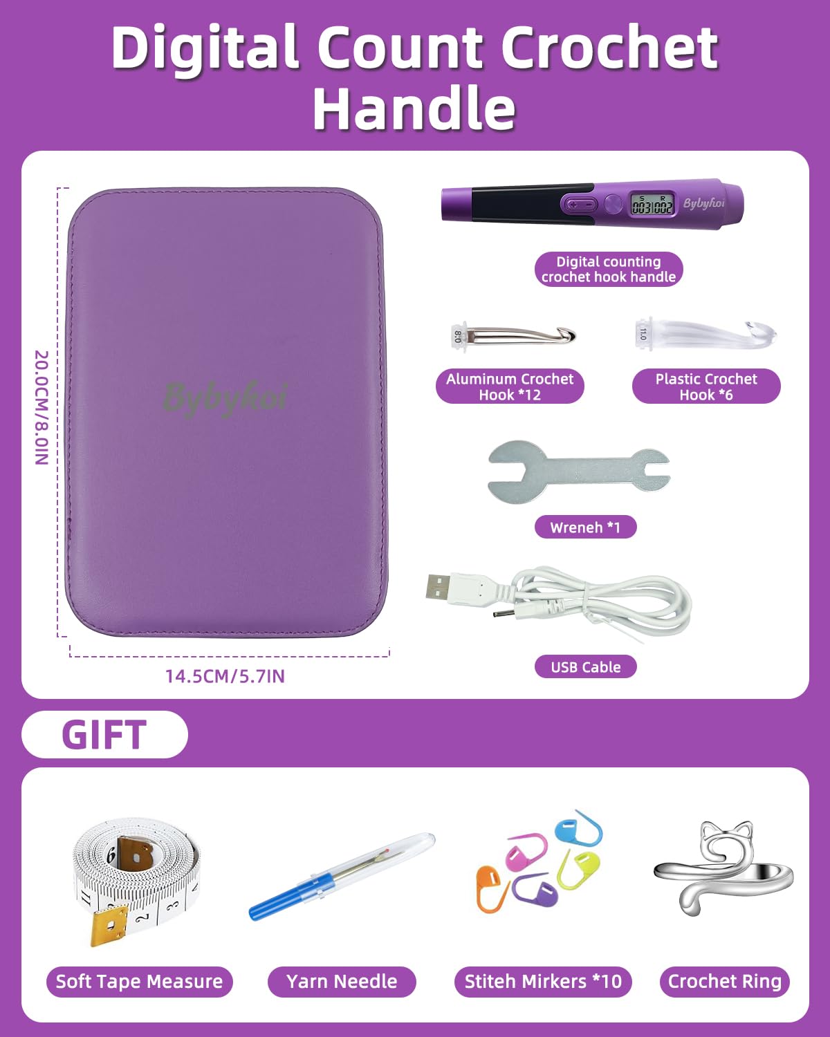 Juego de agujas de ganchillo con luz y contador – Kit de ganchos intercambiables de 18 tamaños de 2 mm a 14 mm – Iluminación, puntada digital y contador de filas – 2 niveles LED para regalos de