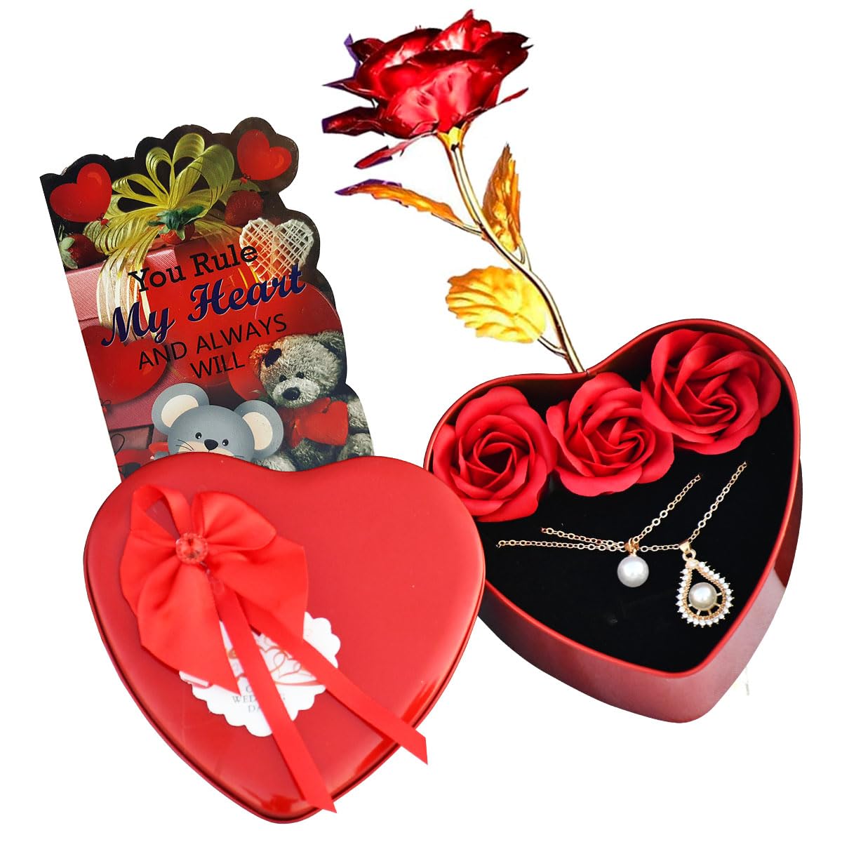 Saugat TradersValentine Gift for Couples - Love Greeting Card, Golden Red Rose Flower, Red Heart Box with Roses, Couple Locket for Lovers - Promise Day - Rose Day Gift