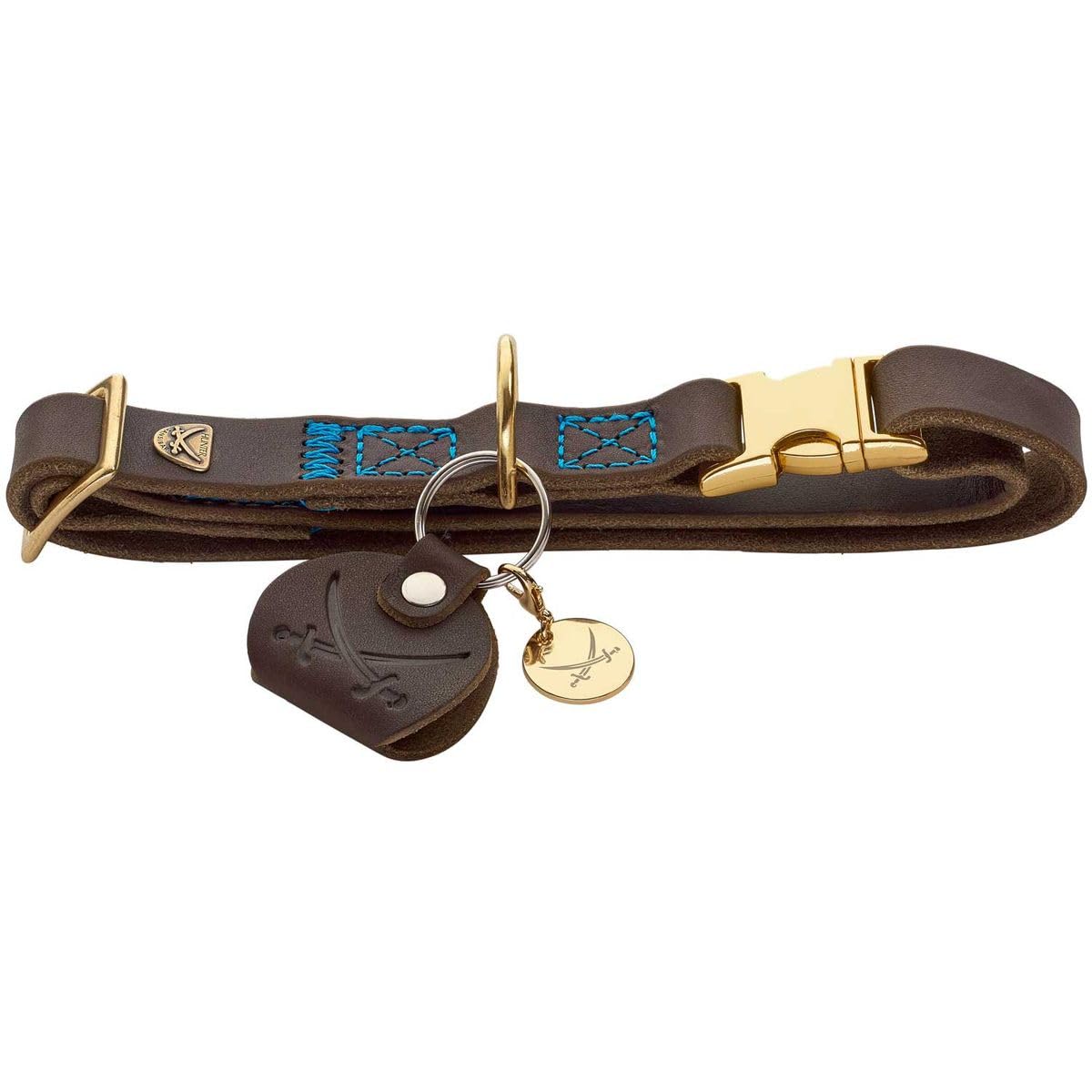 HUNTER Sansibar Dog Collar Colour: Dark Brown, Elegant Cowhide Leather, Maritime Details, Blue Decorative Stitching