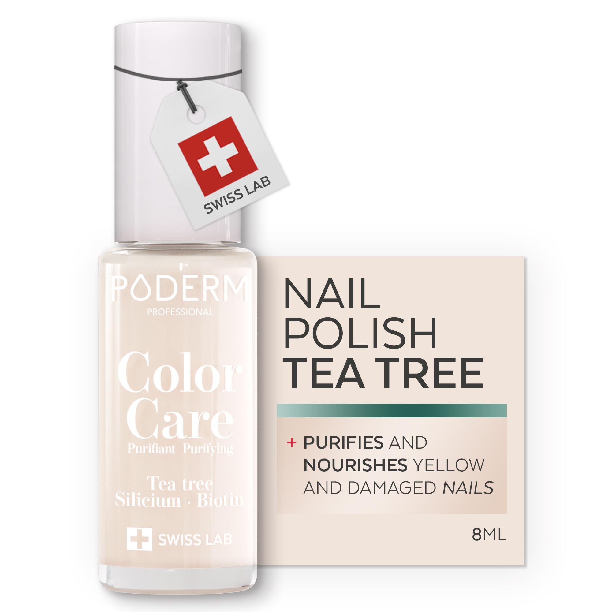 PODERM Nail Care Polish with Tea Tree - Milky | Swiss Lab - 8ML | Enriched with Tea Tree, Silicon & Biotin | Purifies, Clarifies & Nourishes Yellow Nails | Created by a Podiatrist
