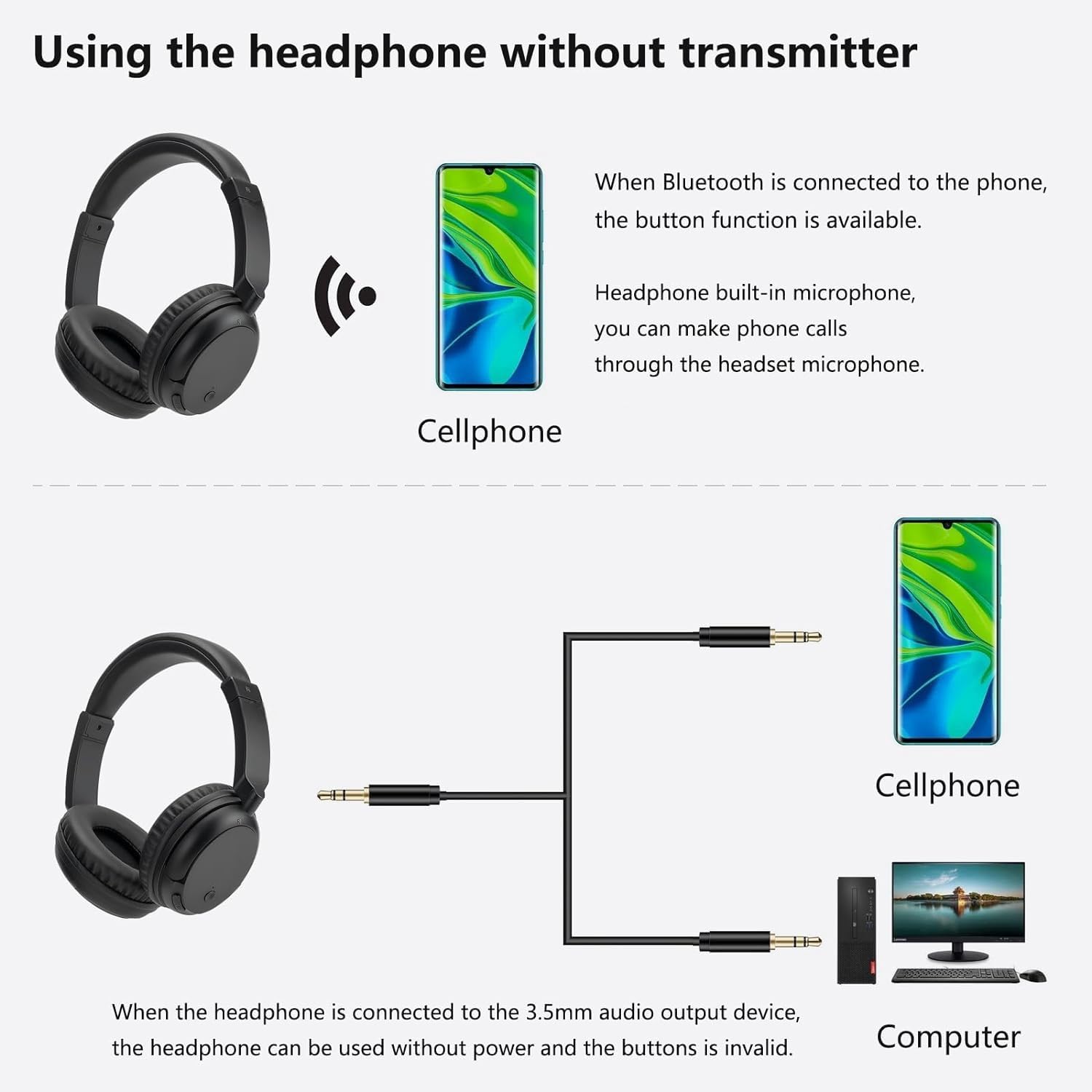 Auriculares Bluetooth 5.3, Bluetooth inalámbricos con transmisor USB, diadema retráctil, auriculares ultra ligeros para adultos, adolescentes y mayores, color negro