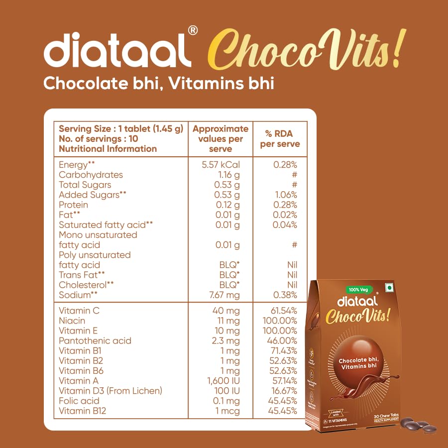 Image of Diataal ChocoVits Veg, Chewable Multivitamin | 30 Chocolaty Tabs with 11 Essential Vitamins | Power of B-complex vitamins, B12, D3, Nicotinamide, Vitamin A, C & E for Energy | Immunity | Healthy Skin.