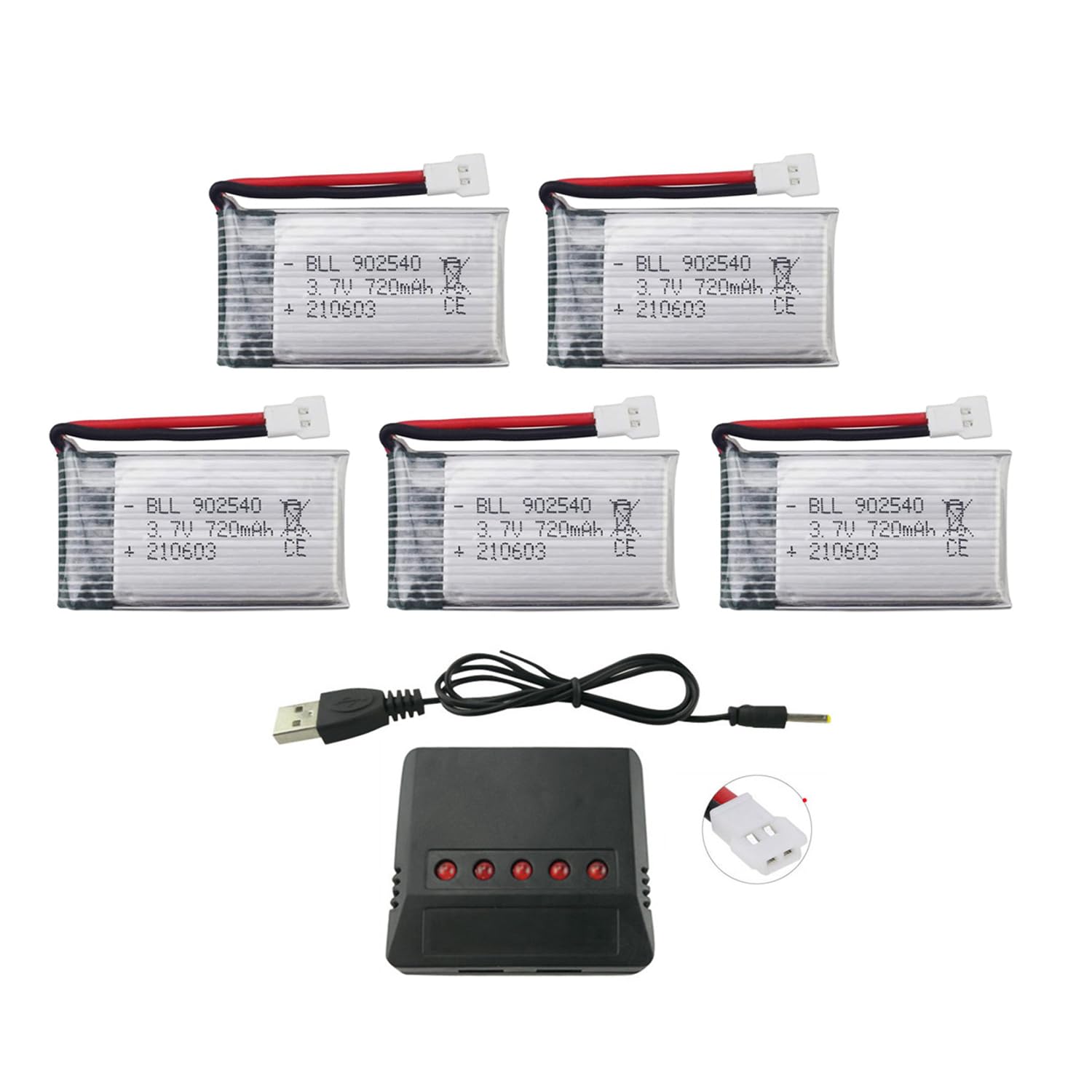 5PCS 3.7V 720mAh Lithium Battery with 5 in 1 Charger Suitable for Syma X5C X5C-1 X5A X5 X5SC X5SW H5C V931 Remote Control Drone Spare Batteries