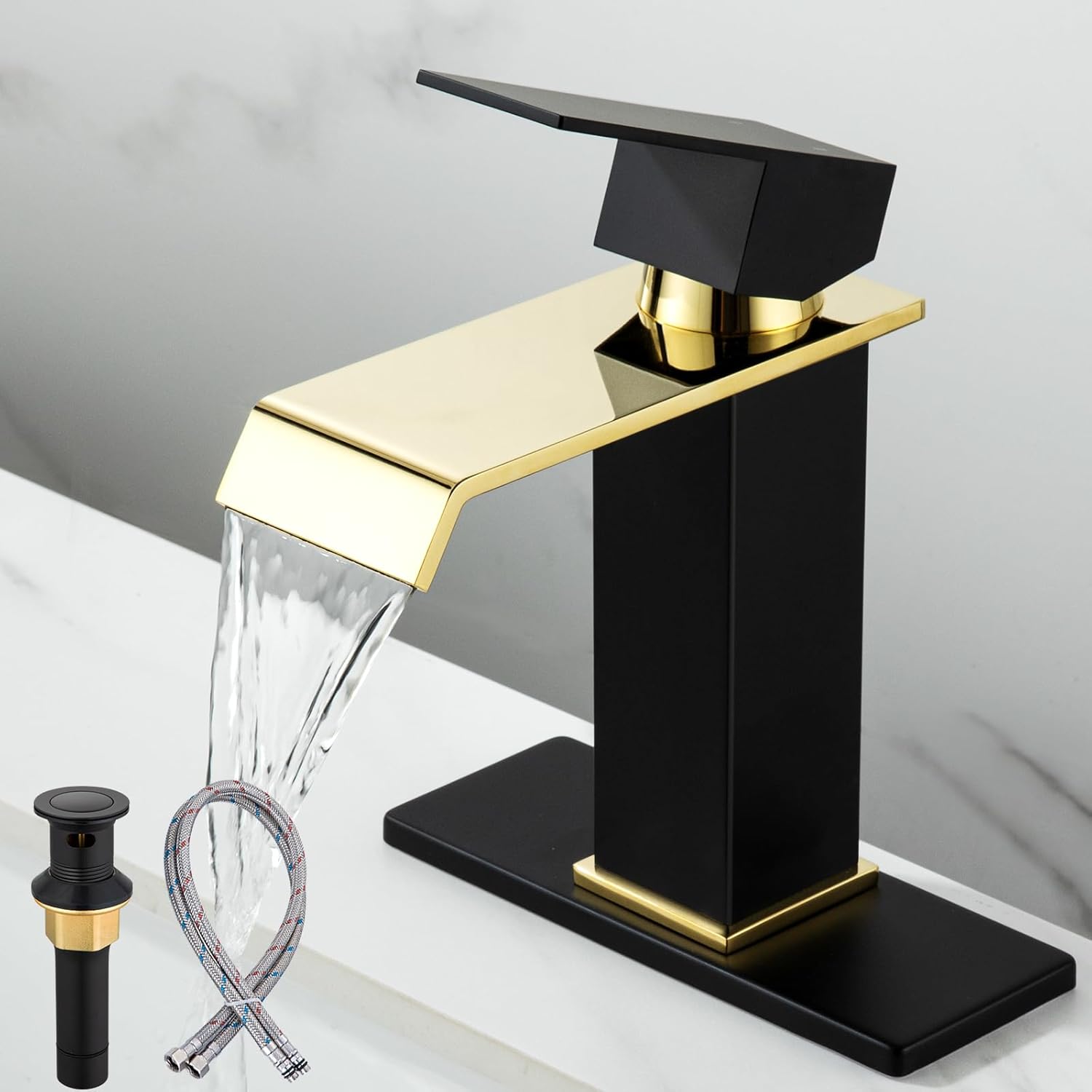 Black and Gold Bathroom Faucet for 1 or 3 Hole, Waterfall Single Handle Bathroom Sink Faucet, 7.37 Inch Height, Modern Vanity Faucet, Matte Black Finish Black&Gold-Short Waterfall