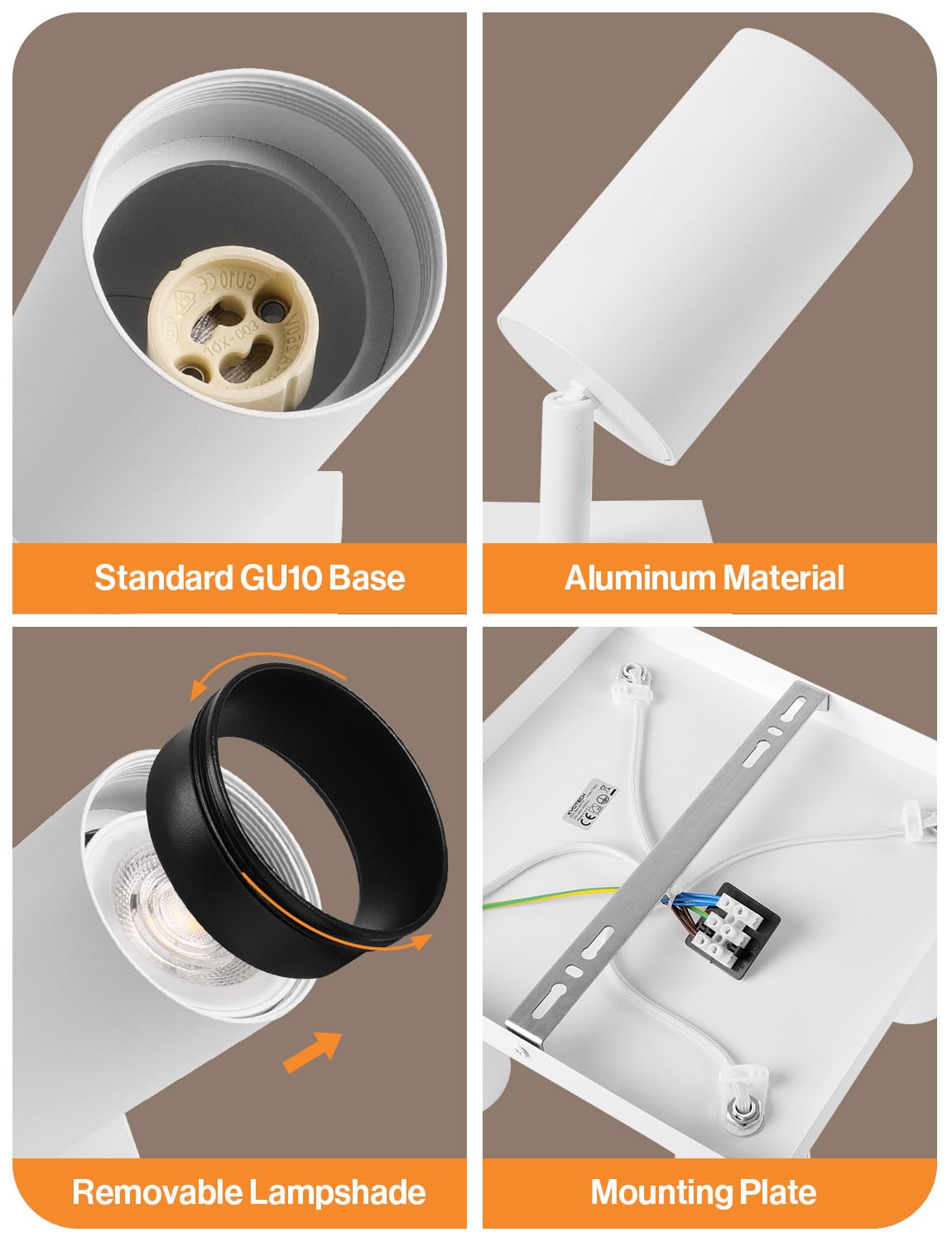 KYOTECH Lampara Techo LED de 1 luz Blanco, Focos Techo Orientable de 350° + 90° de Aluminio GU10 Blanco Cálido 2700K 5W 400LM, Moderna Focos LED Interior Techo Para Cocina Salón (Bombilla Incluida) | Incluye bombillas LED GU10, aluminio moderno foco LED d