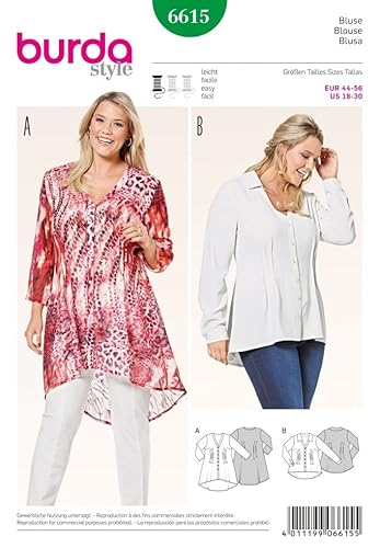 Burda 6615 Schnittmuster Bluse mit V-Ausschnitt (Damen, Gr. 44-56)